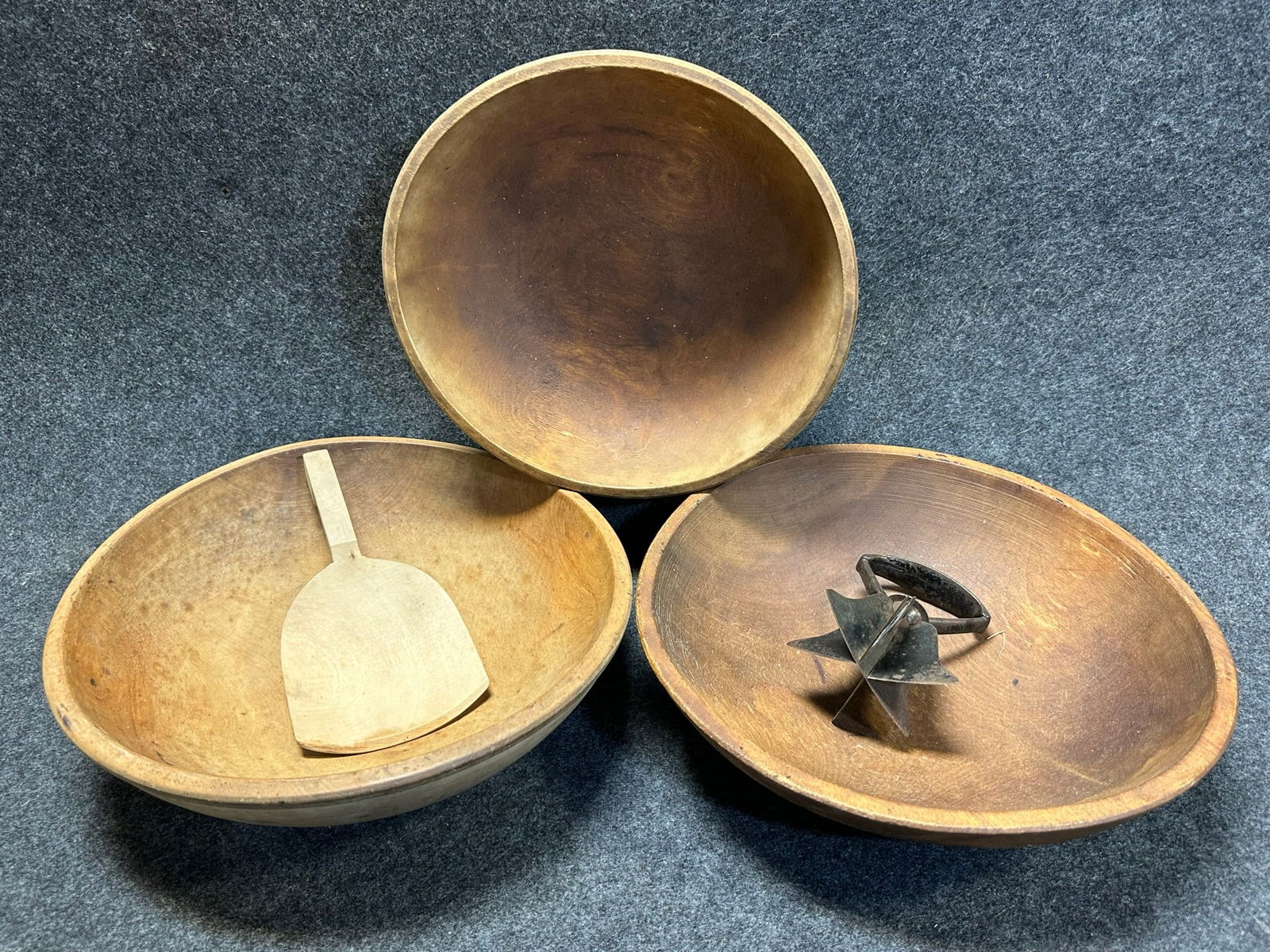 Lot of 5 Early Primitive  Wooden Bowls, Spoon & Chopper (1 of 5)