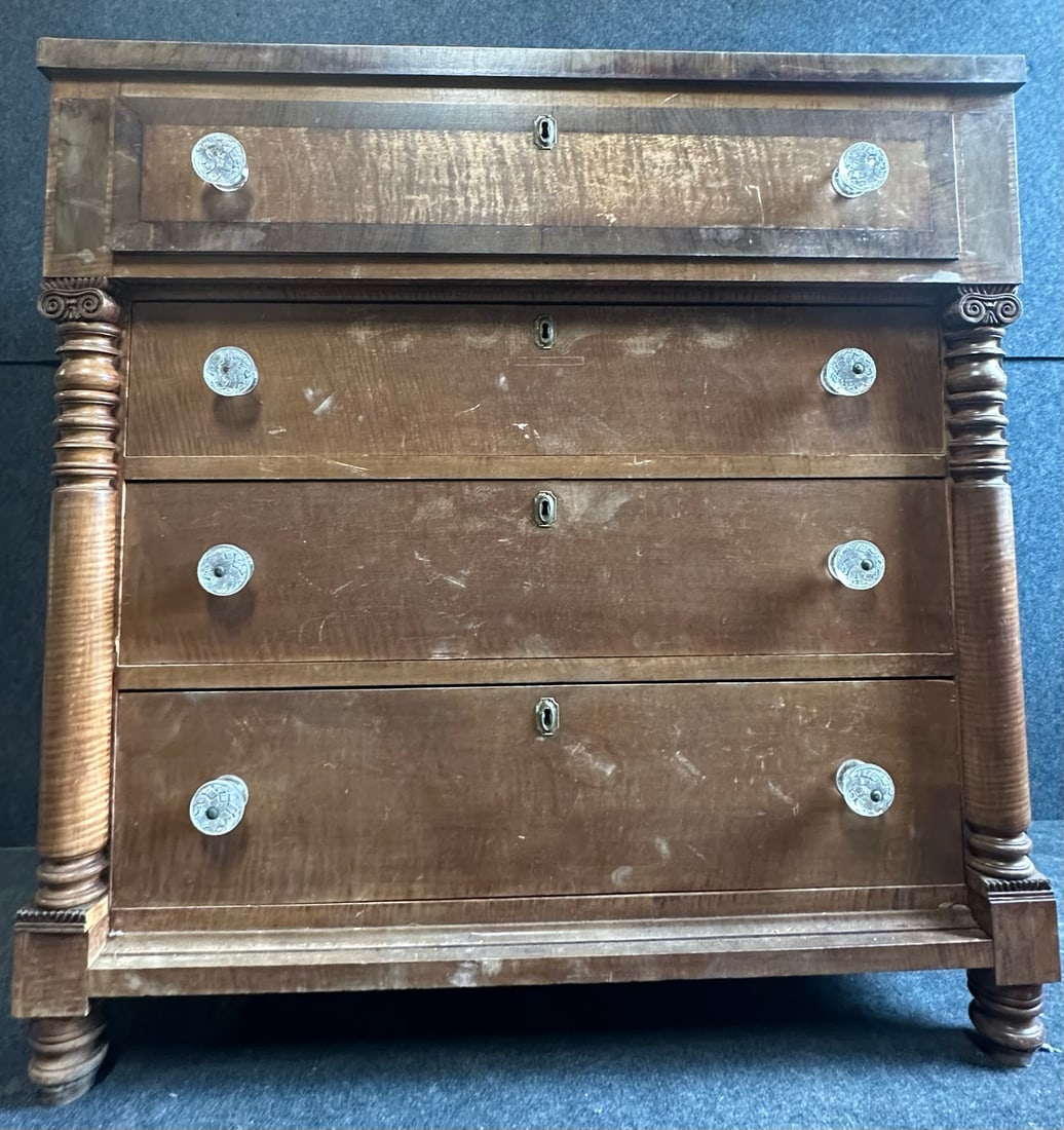 4 Drawer Antique Empire Style Maple Dresser w/ Large Ornate Glass Pulls (1 of 7)