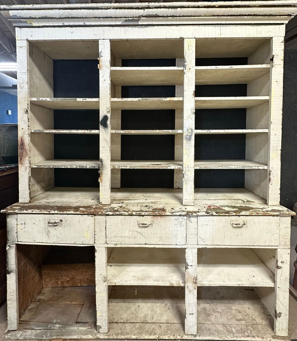 Antique 76" Wide White Painted Stepback 3 Drawer Cupboard (1 of 13)