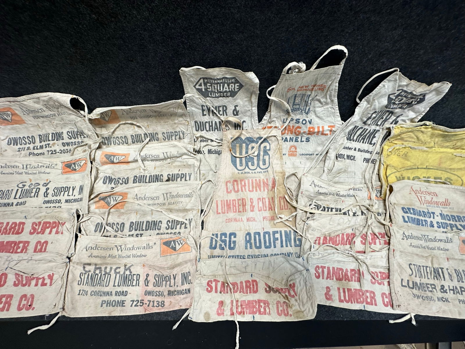 Lot of 20 Early Owosso Corunna Michigan Canvas Advertising Nail Aprons (1 of 8)