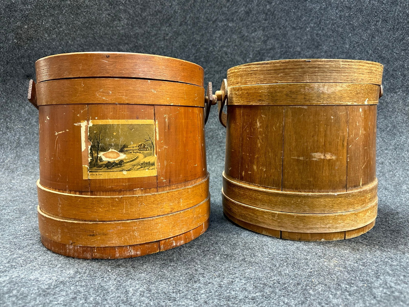Antique Pair Original 19th Century Wooden Firkins: Both are roughly 10" tall x 10" diameter