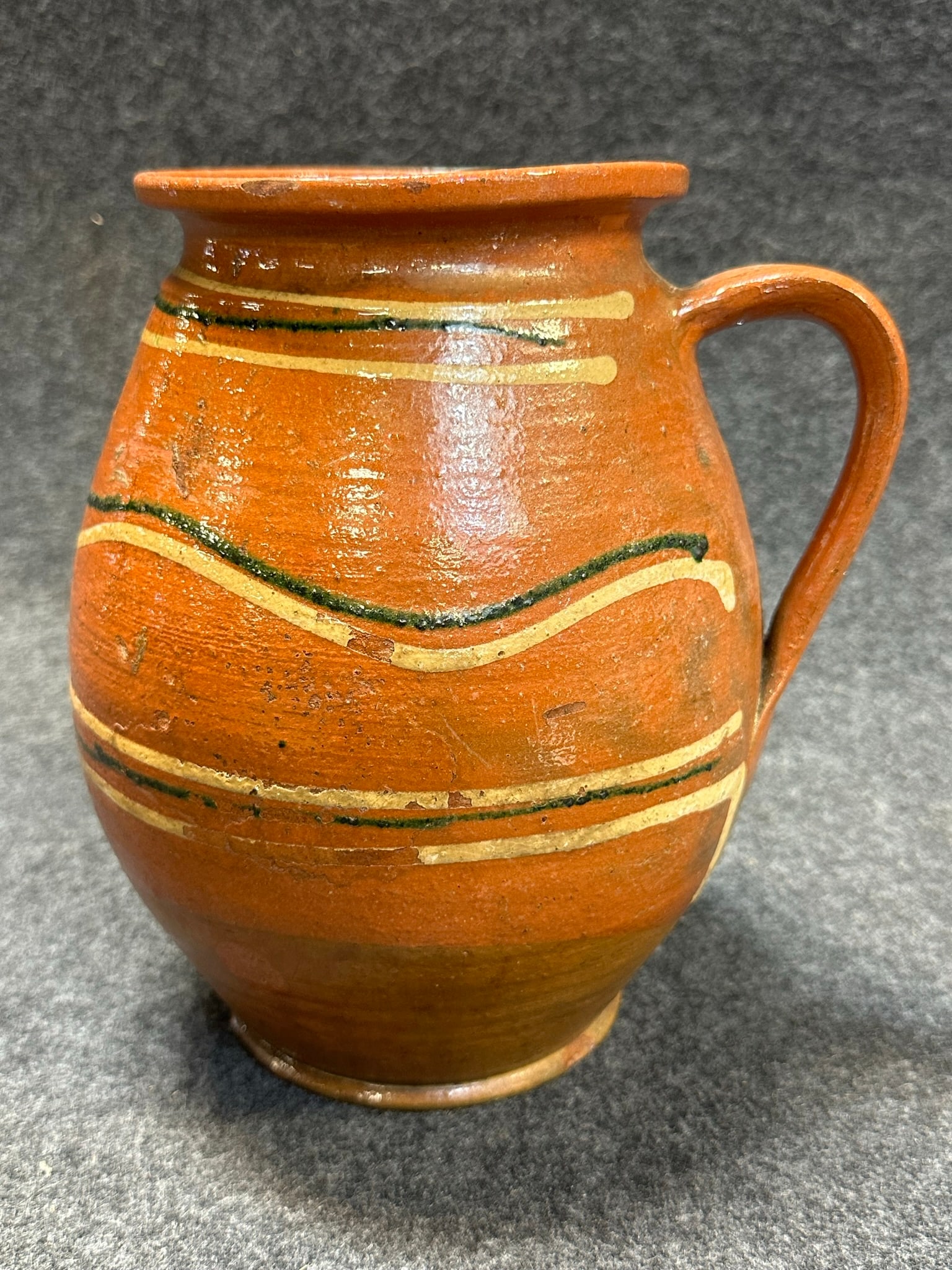 Late 19th Century 9" Redware Pitcher w/ Striped Decoration (1 of 7)