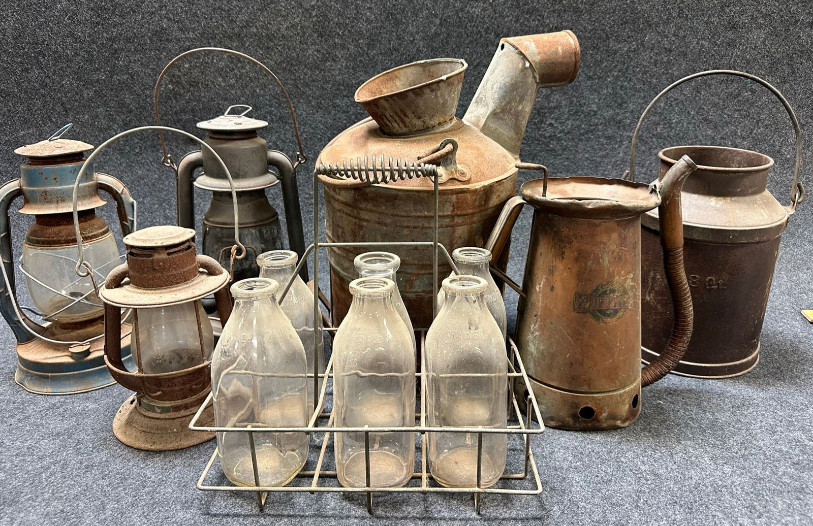 Large Lot 7 Antique Primitive Items: 6 Bottle Milk Carrier, Lanterns & Metal Buckets (1 of 8)