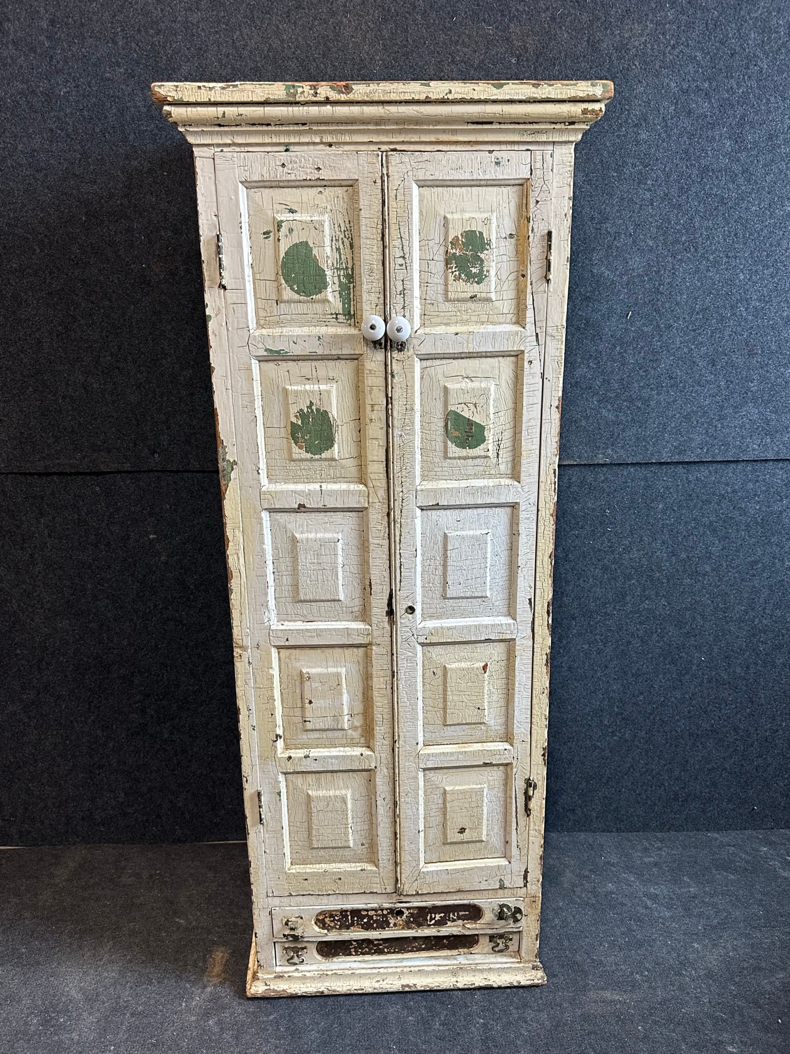 Wonderful Green & White Painted Beadboard Cupboard w/ Spool Cabinet Base (1 of 9)