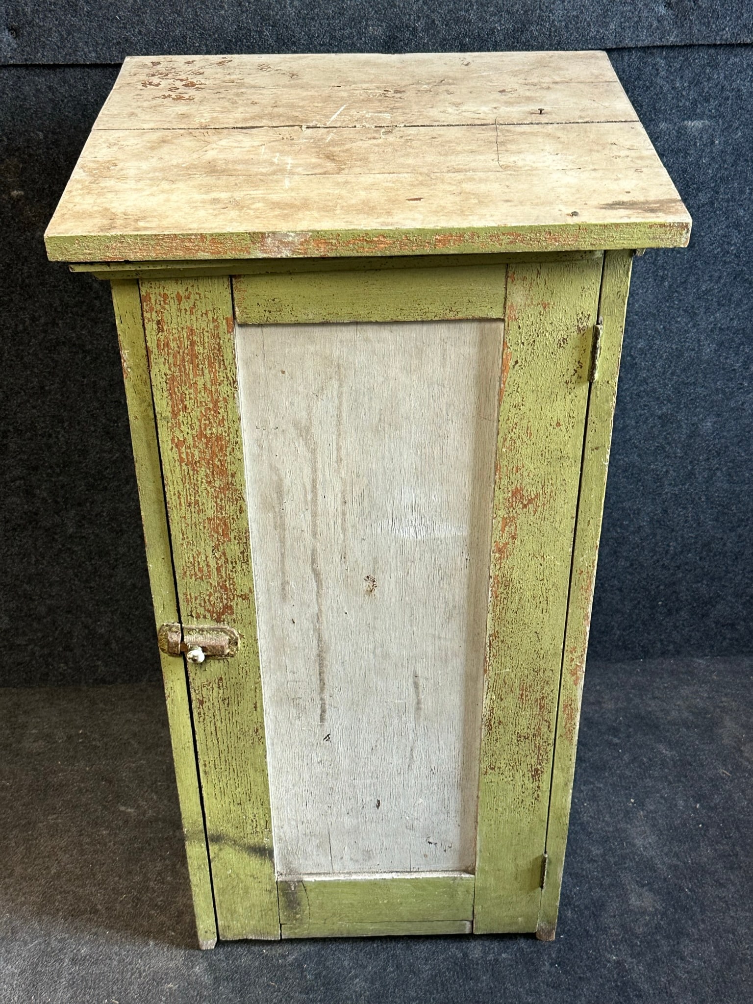 Antique Incredible Yellow Green & White Painted Make Do Spool Cabinet: 19" x 17" x 35.5" tall