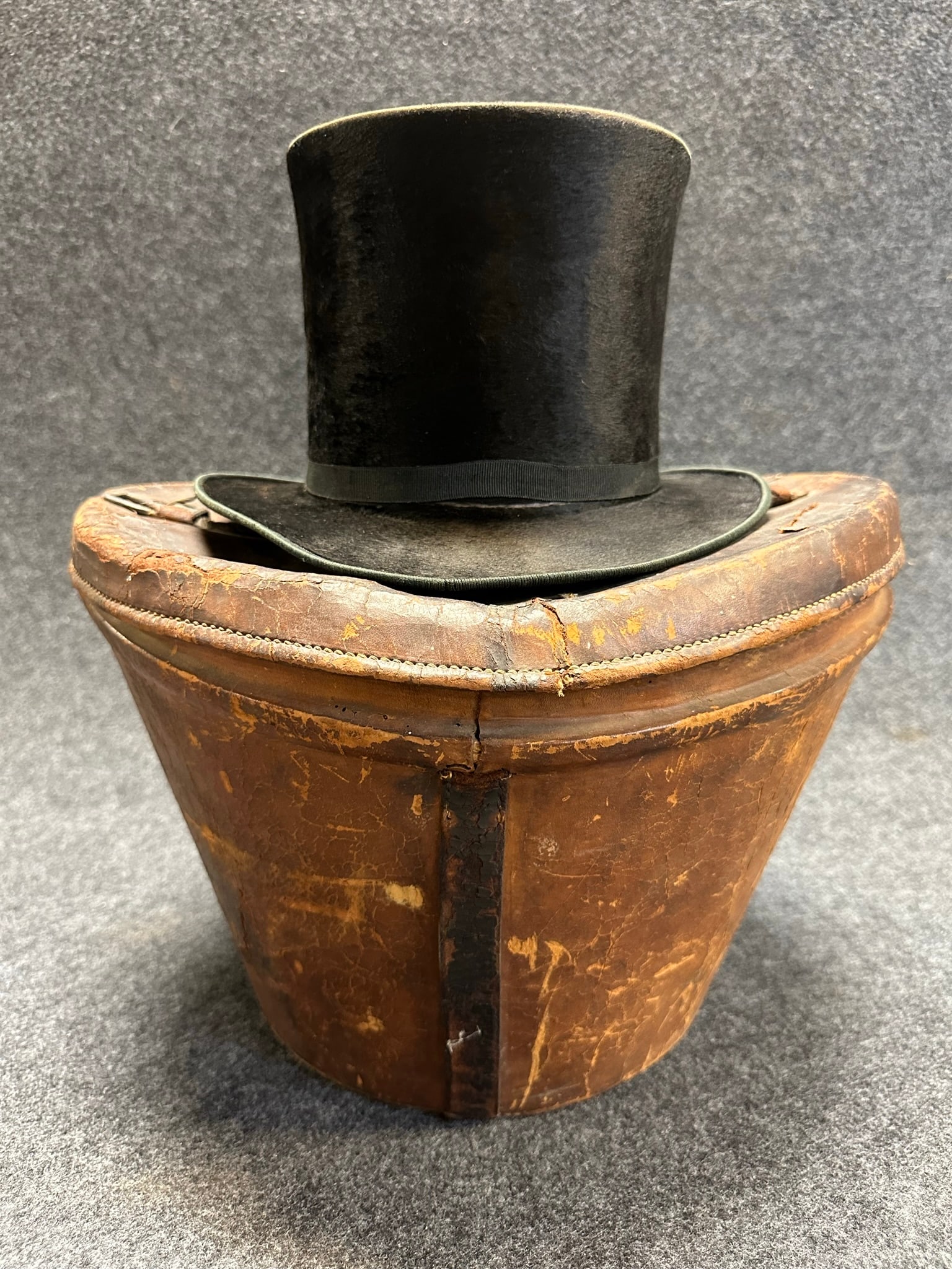 Antique Mid 1800s Leather Hat Box w/ Original Melton Hatter Beaver Hat (1 of 9)