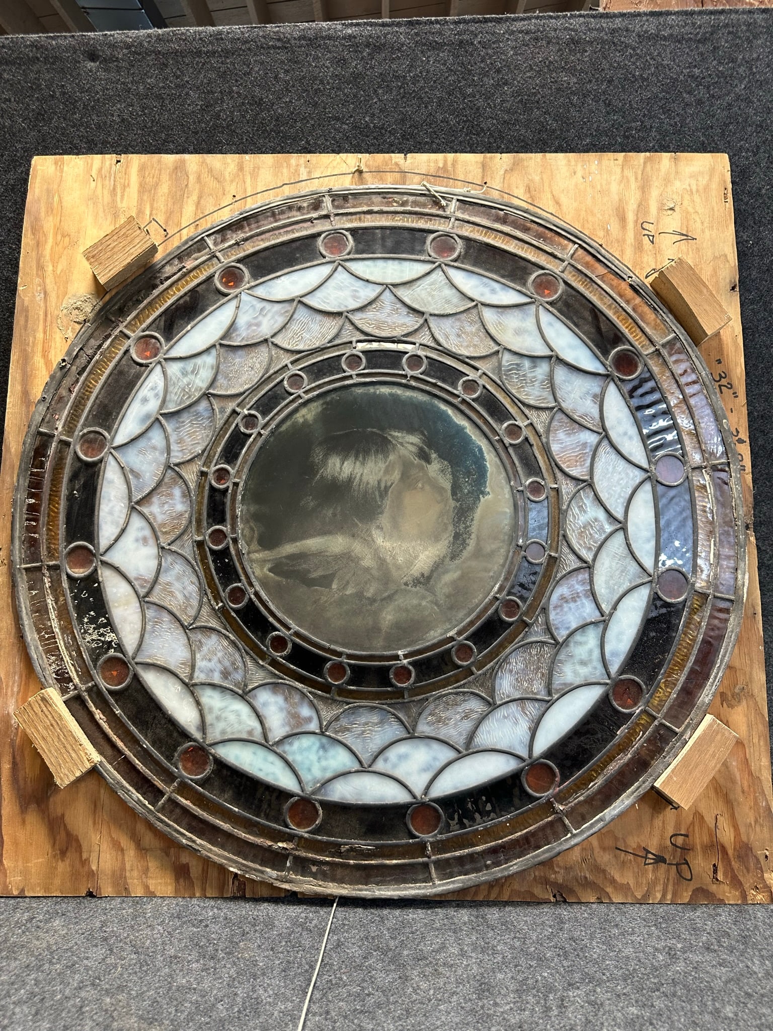 Antique Late 1800s 32" Stained Glass Window w/ Angel & 32 Jewels (1 of 11)