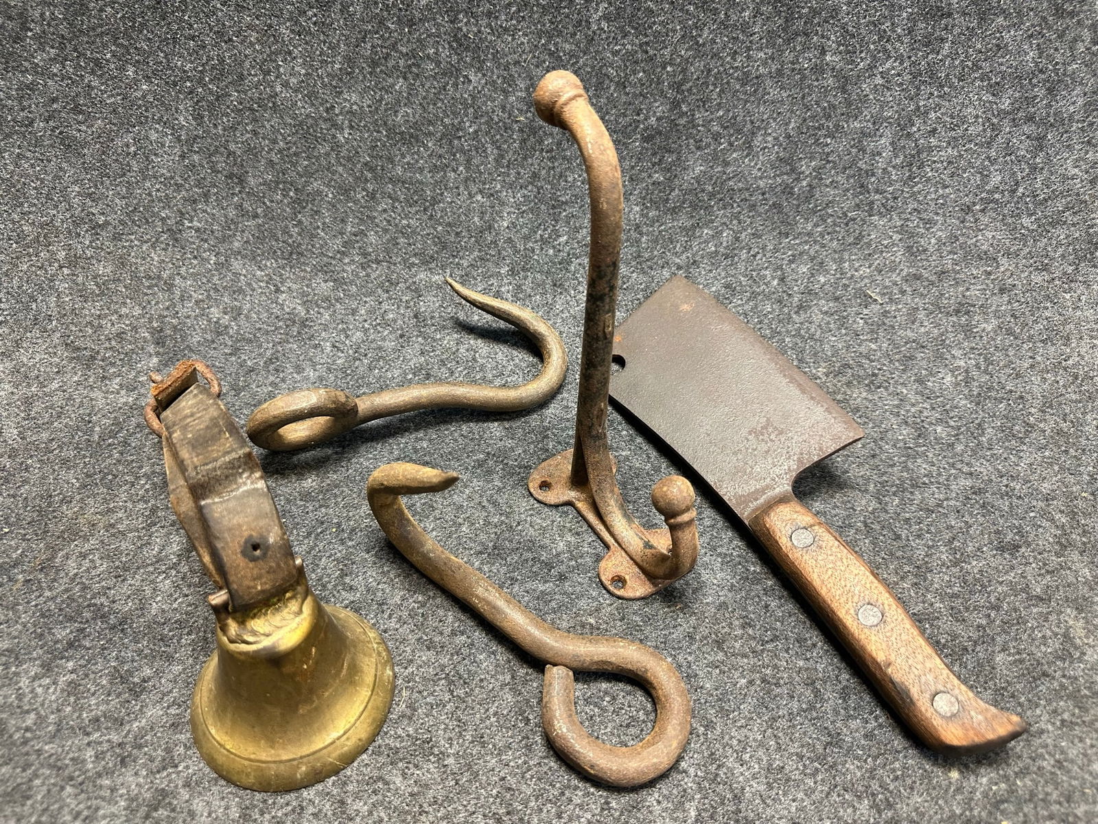 Lot of 5 Early Primitive Items: Butcher Cleaver, Hook, 2 Meat Hooks & Brass Cow Bell (1 of 6)