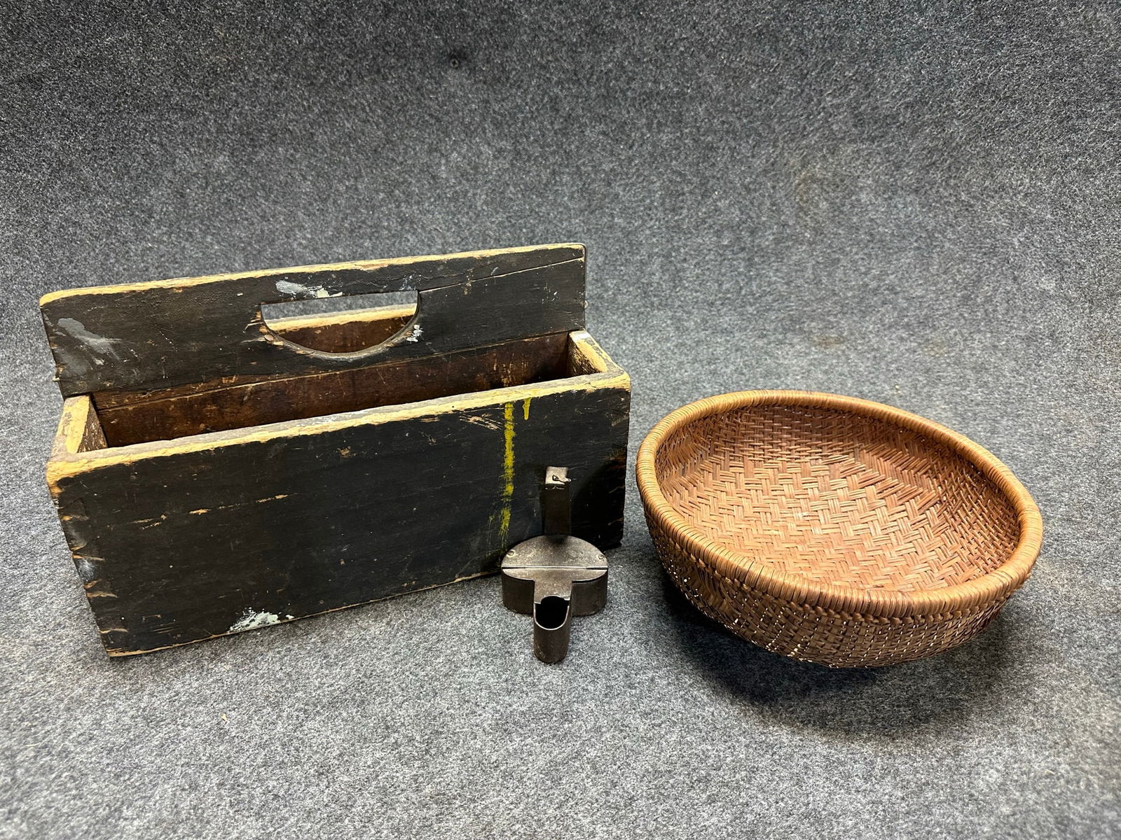 Lot 3 Early Primitives: Tool Tote Caddy, Woven 9.5" Basket & Betty Lamp (1 of 7)