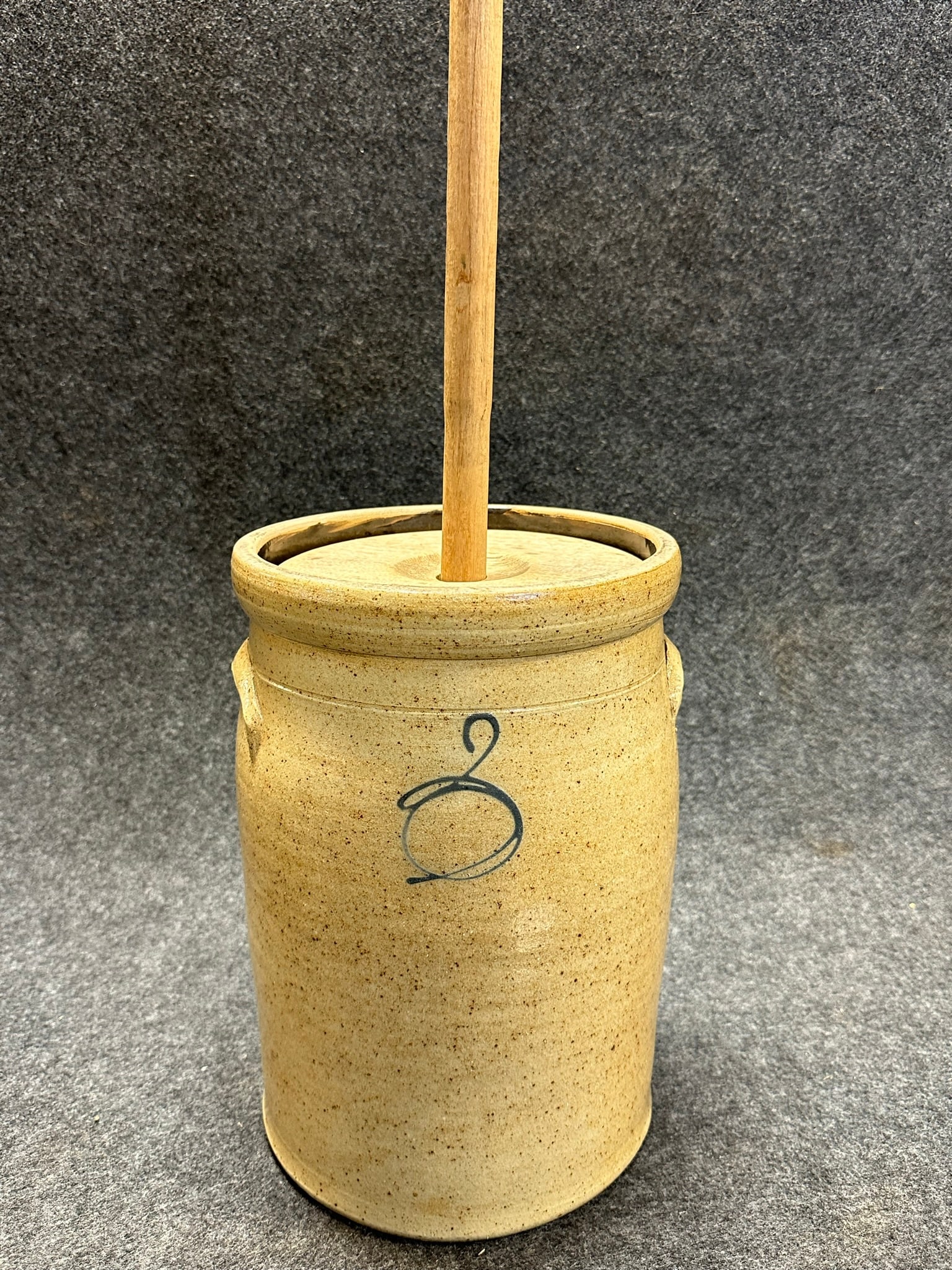 Antique 3 Gallon Blue Decorated Stoneware Butter Churn w/ Plunger (1 of 5)