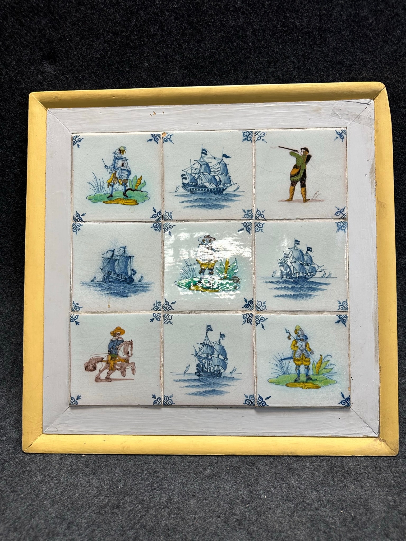 Fancy Framed Antique Blue & White Delft Tile Plaque w/ Colonial Theme (1 of 10)