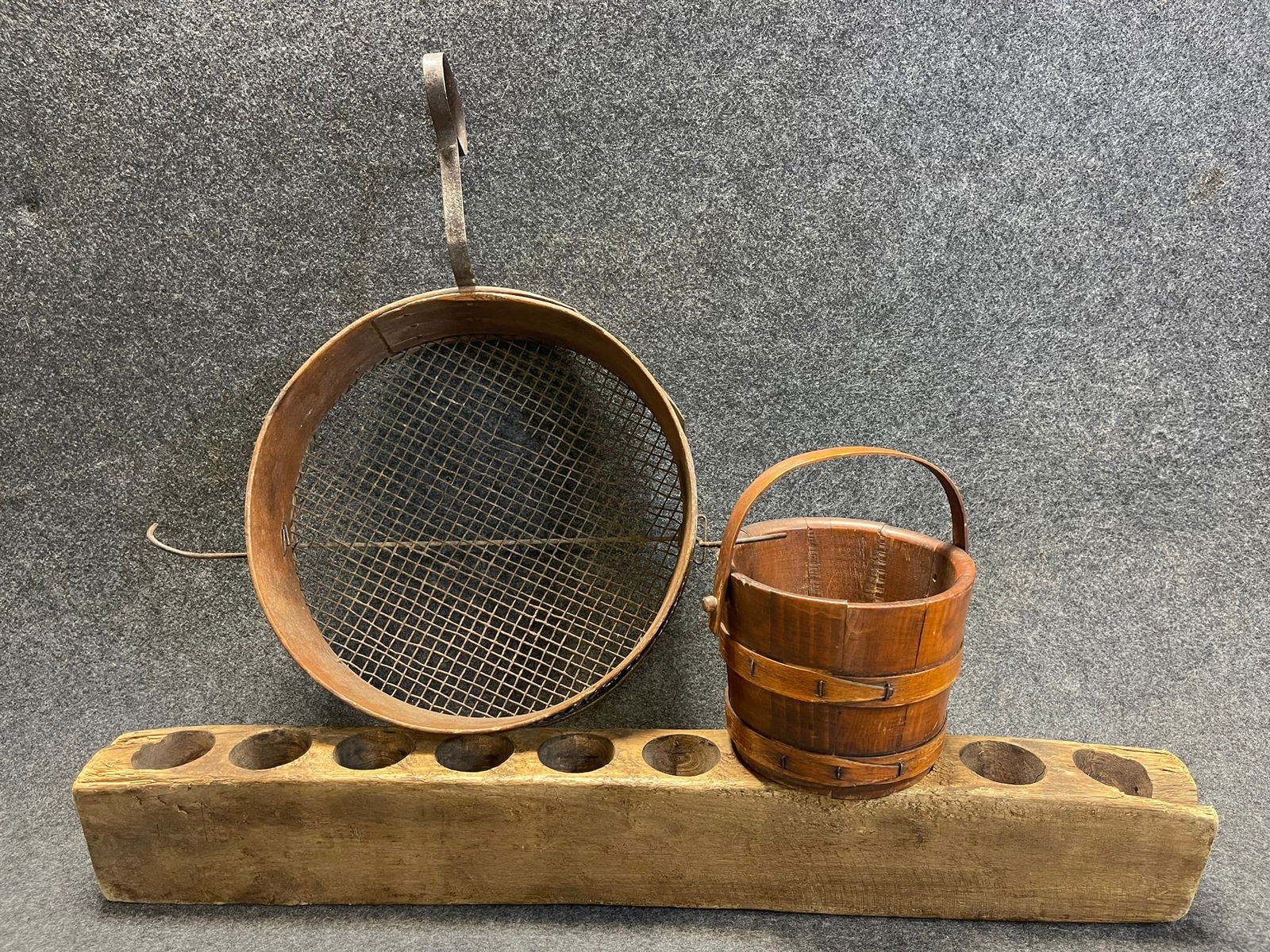 Lot 3 Early Primitive Items: Sugar Firkin Bucket, Sugar Mold & Large Cheese Box Sifter (1 of 6)