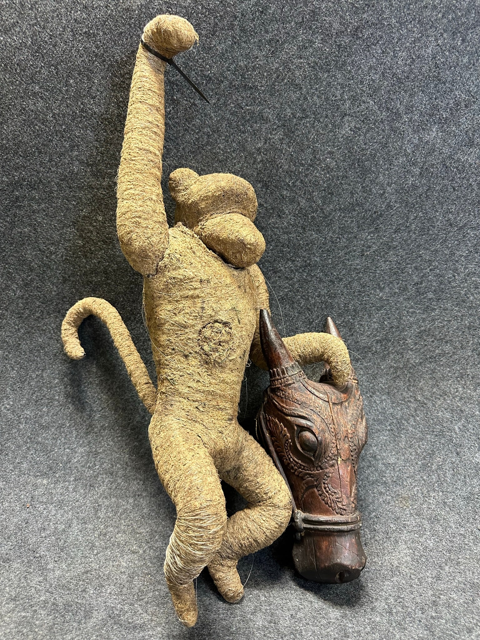 Great Pair Unusual Primitive Folk Art Animals: Syrocco Pulp Monkey & Wooden Carved Horse (1 of 15)