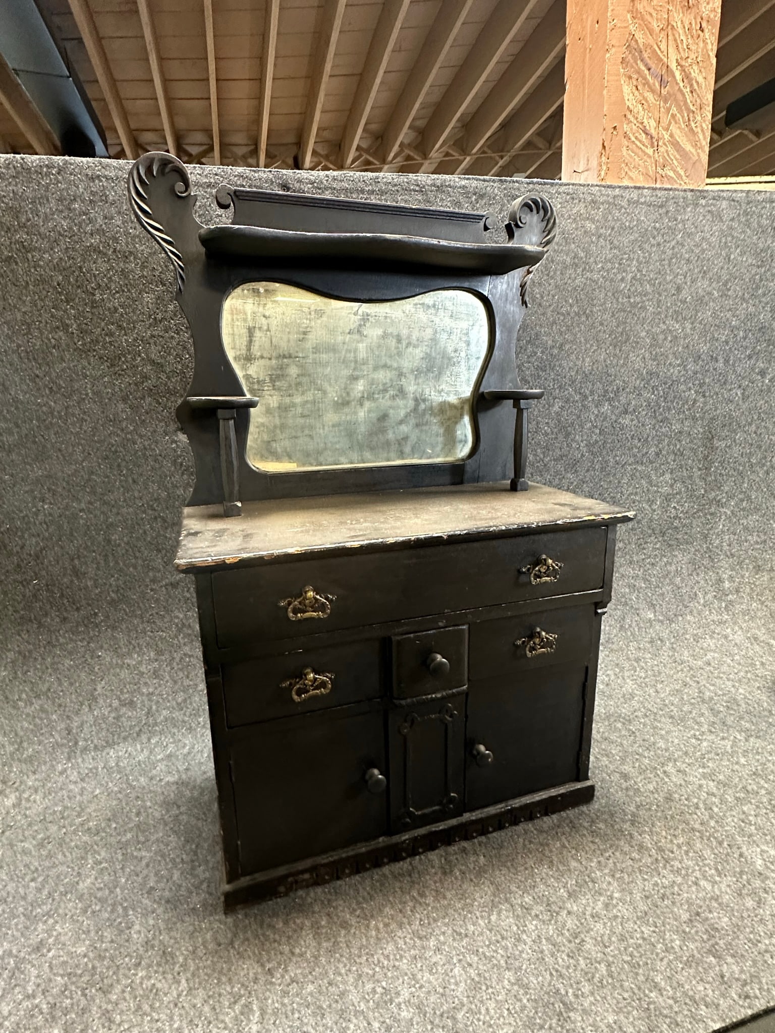 Fancy Late 1890s Tramp Art Carved Childs Primitive Vanity Dresser: 24" wide x 11" deep x 35" tall