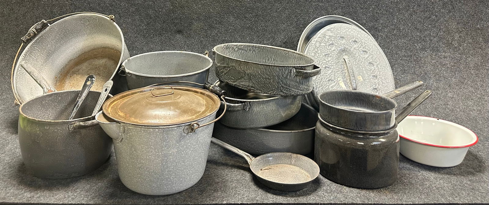 14 Piece Lot Antique Grey & White Enamelware Graniteware: Roaster, Double Boiler & More (1 of 9)