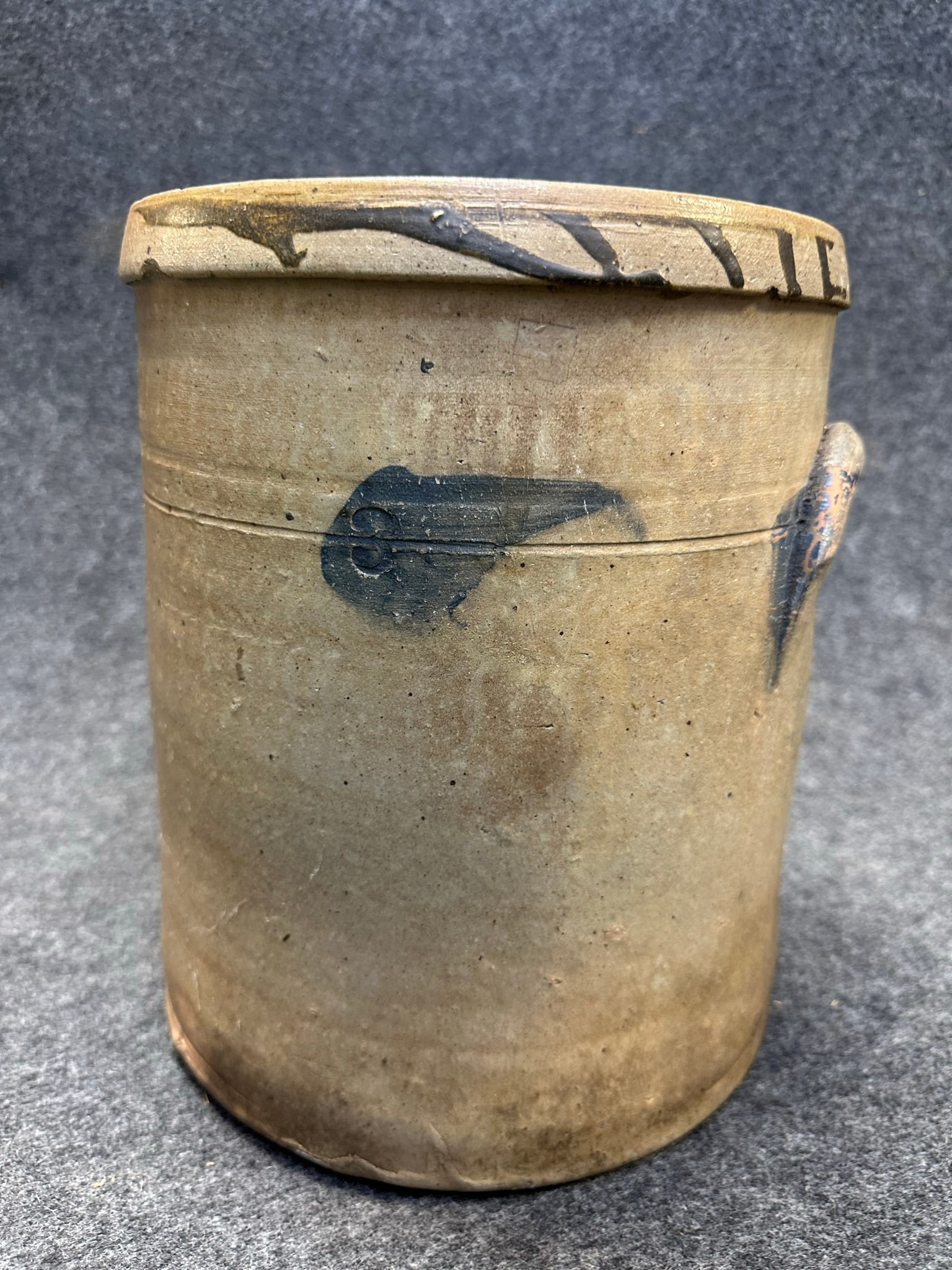 Extremely Early 3 Gallon Red Wing Stoneware Crock w/ Turkey Drip Rim & Blue Decorated Handles: 9" top diameter x 11.5" tall x 9.75" base diameter - great tapered look. Extremely unique crock, one rim interior and exterior chip as shown. Wonderful craftsmanship.