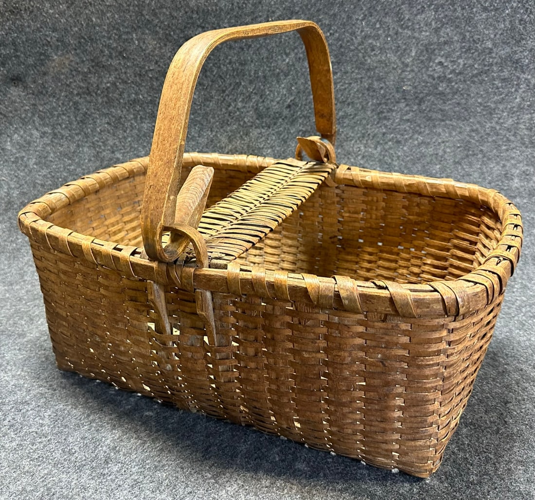 Antique Mid 1800s Split Woven Ornately Carved Swing Handle Large Gathering Basket (1 of 11)