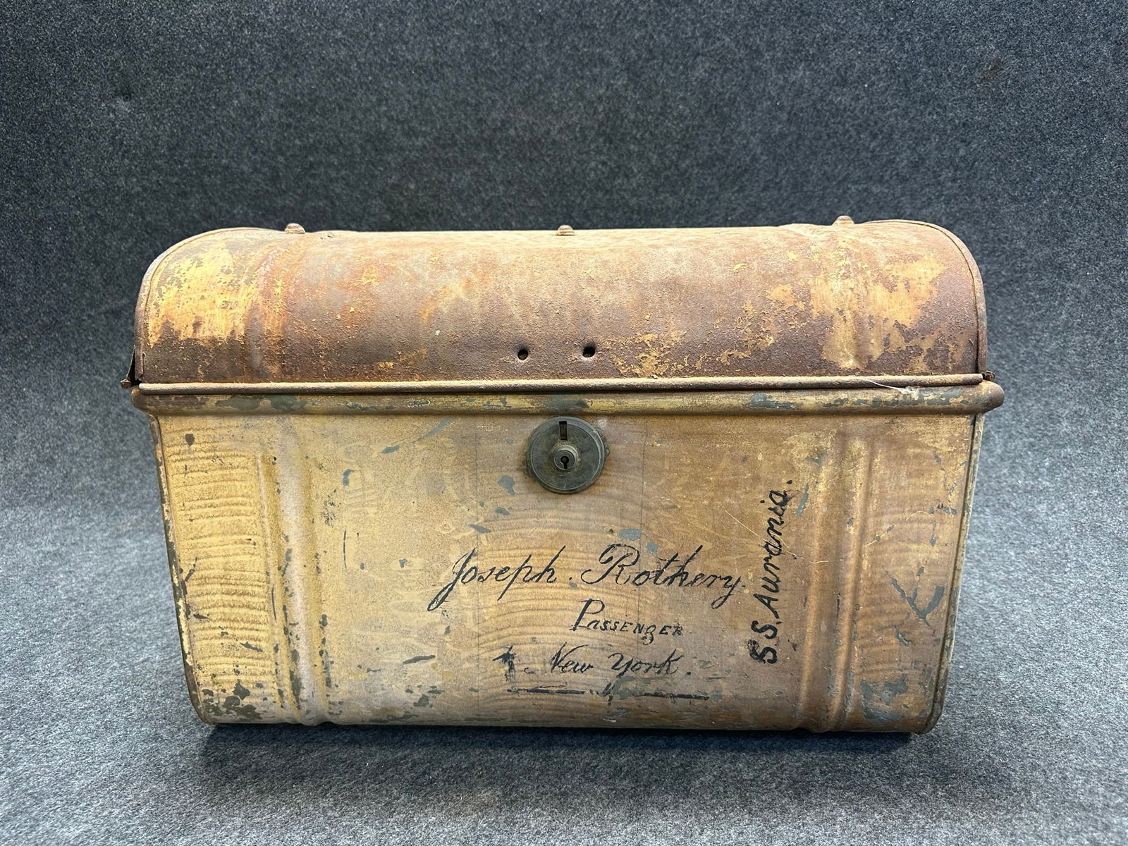 Late 19th Century Wood Grain Painted Metal New York S.S. Aurania Immigrants Trunk (1 of 8)