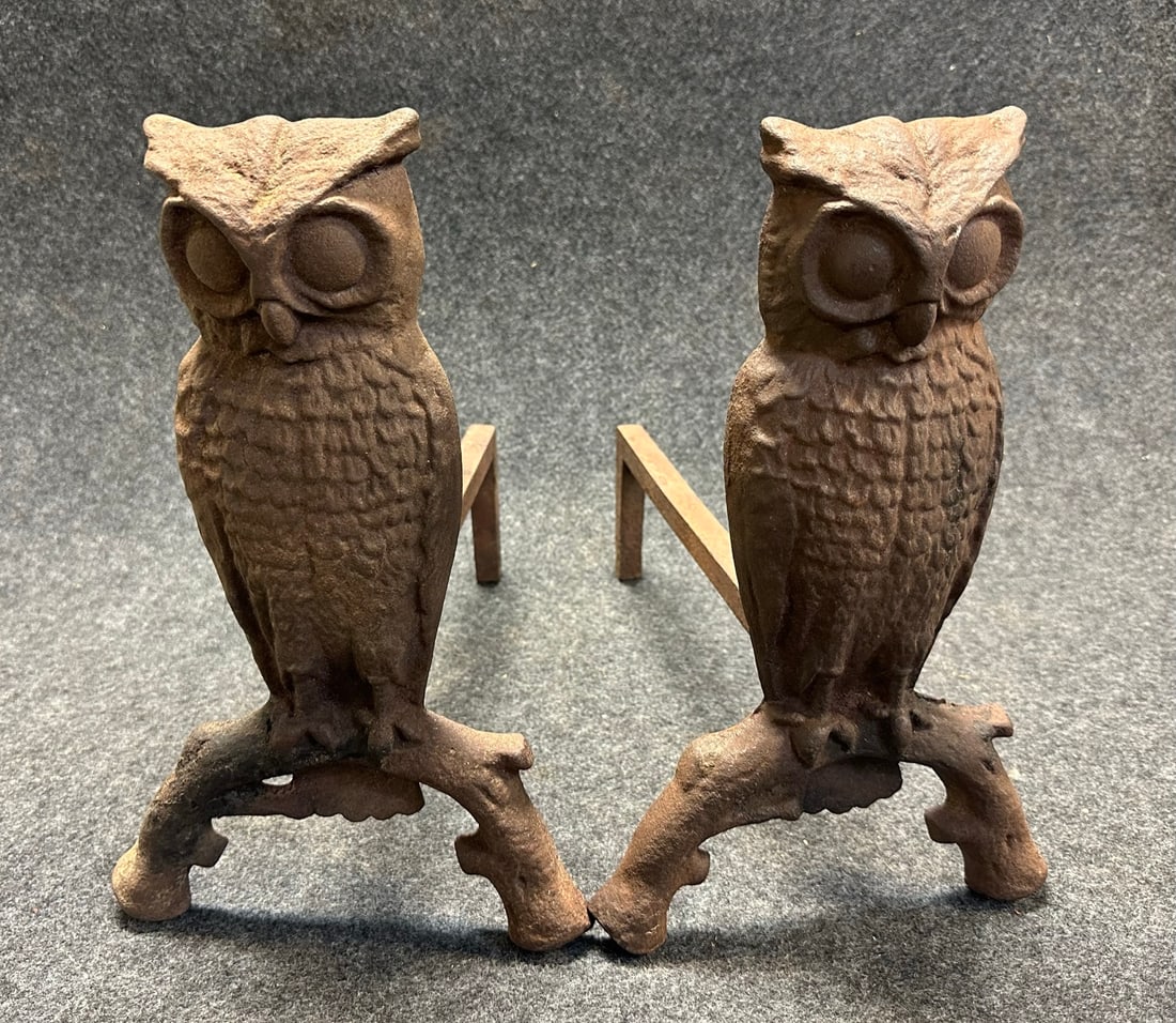 Antique Cast Iron Pair Early 1900s OWL Figural Andirons (1 of 7)