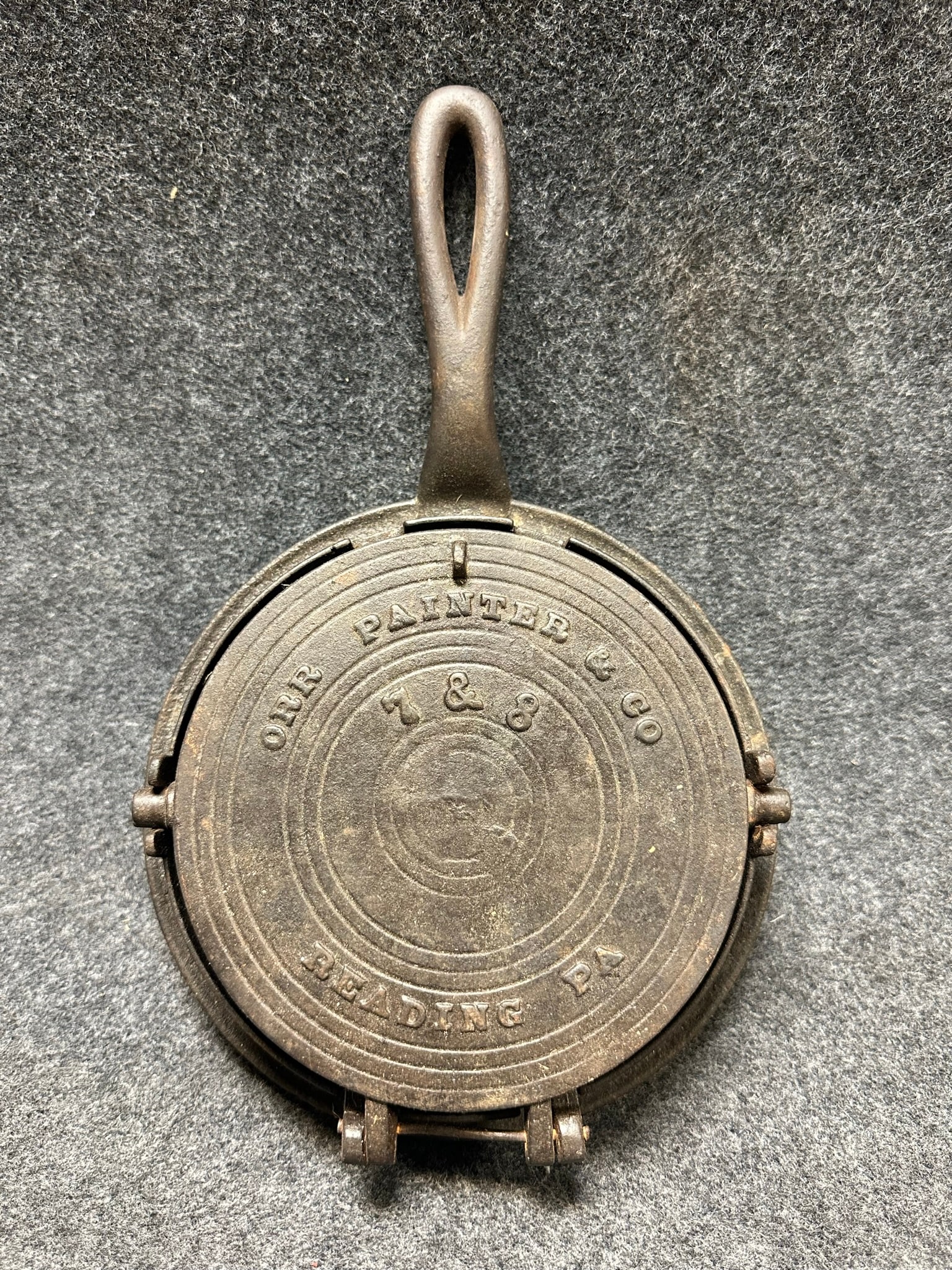 Antique Orr Painter & Co 7 & 8 Reading Pa Cast Iron Waffle Iron: 8.5" x 13". Great original condition.
