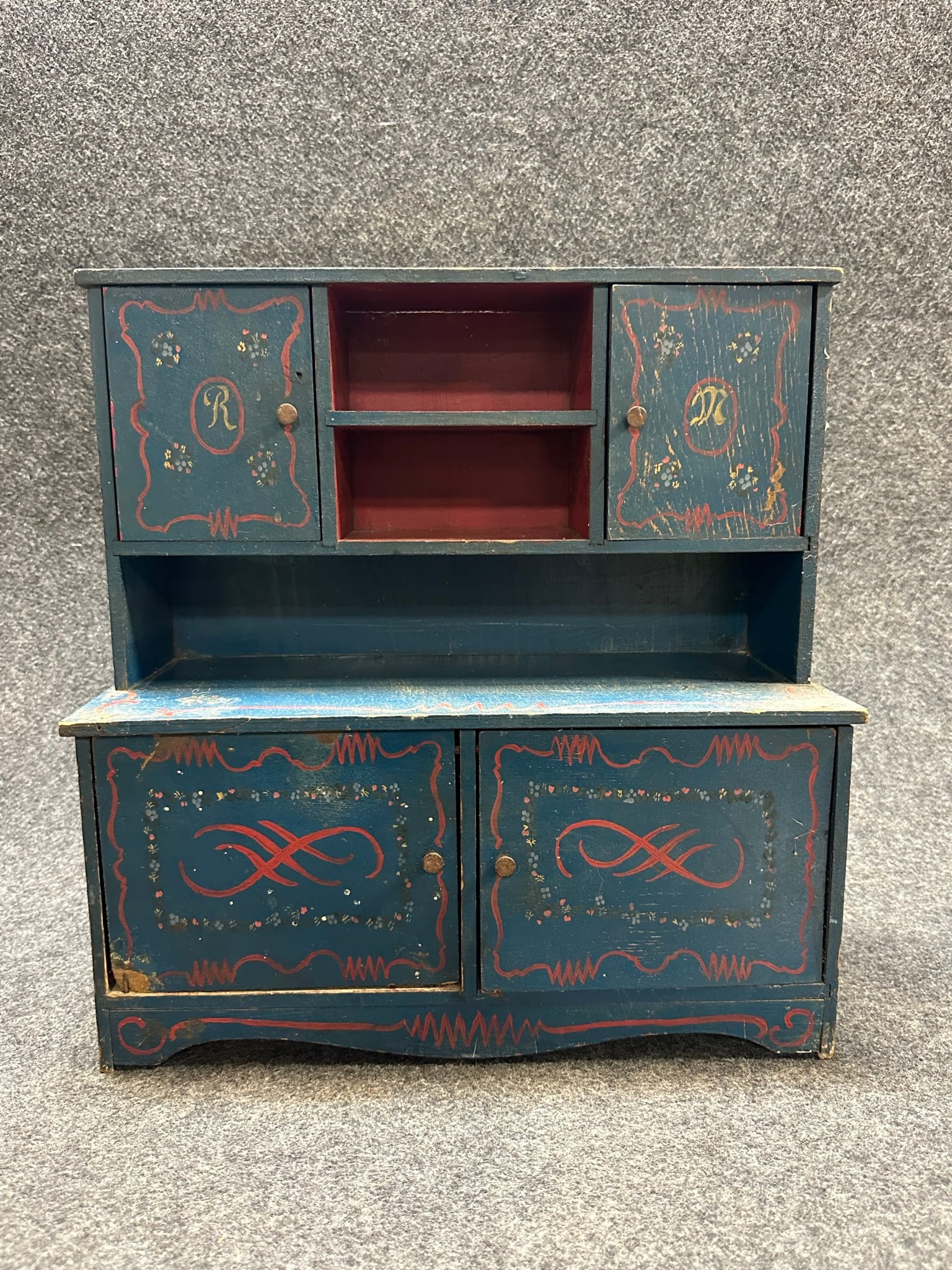 Beautiful Red & Blue Painted Antique Childs Stepback Doll Cupboard (1 of 9)