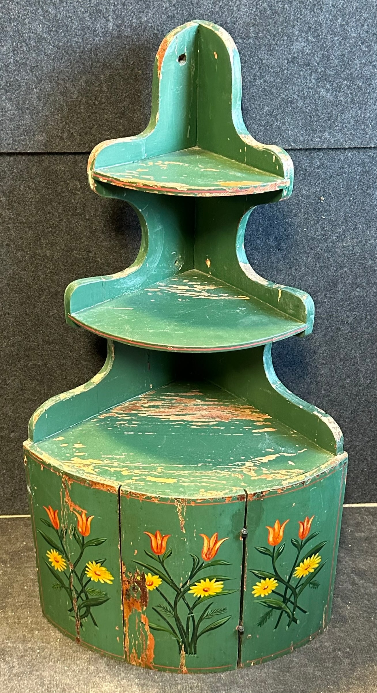 Adorable Late 1800s 3 Tier Green Painted & Floral Design Corner Cupboard (1 of 13)