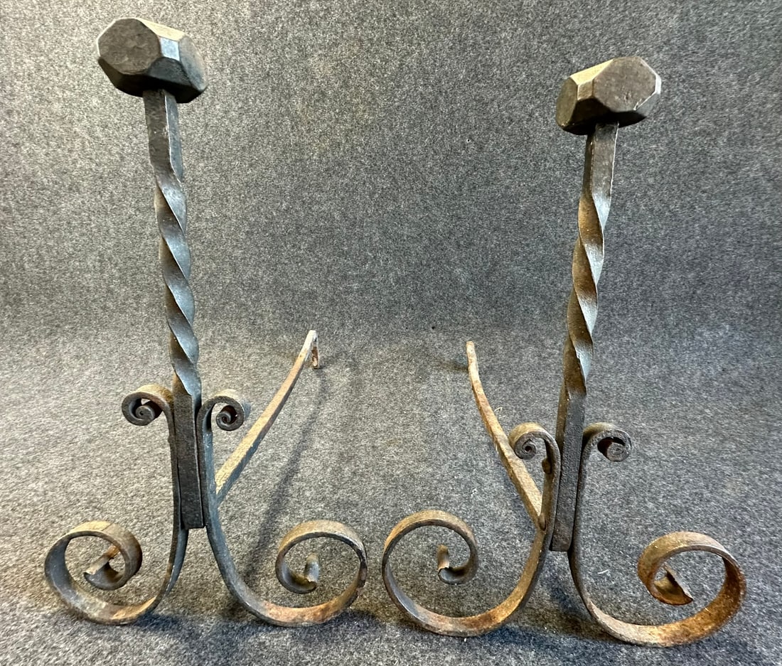 Antique Late 19th Century Wrought Iron Andirons w/ Great Twisted Form: 20" tall x 12" x 21" deep