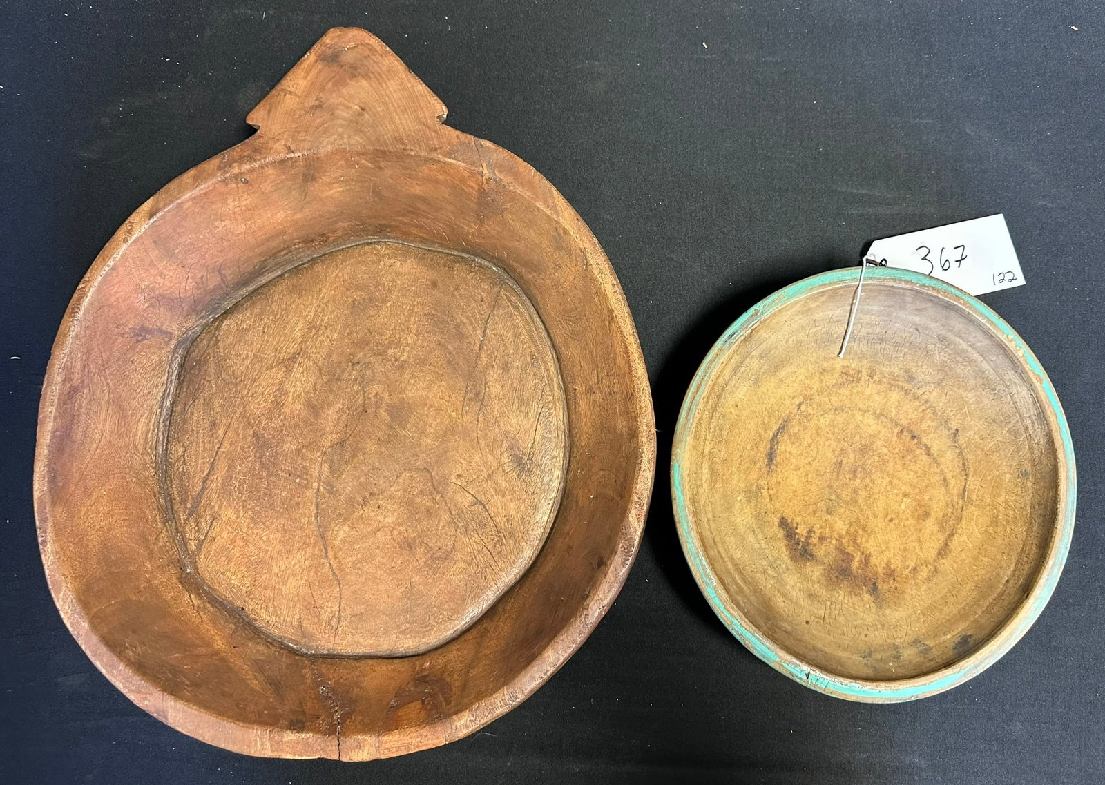 Wonderful Pair Early Wooden Carved Bowls: Large bowl measures roughly 20.5" x 16.5" & green painted bowl measures 11.5" diameter (we believe bowl to be old, but paint to be newer)