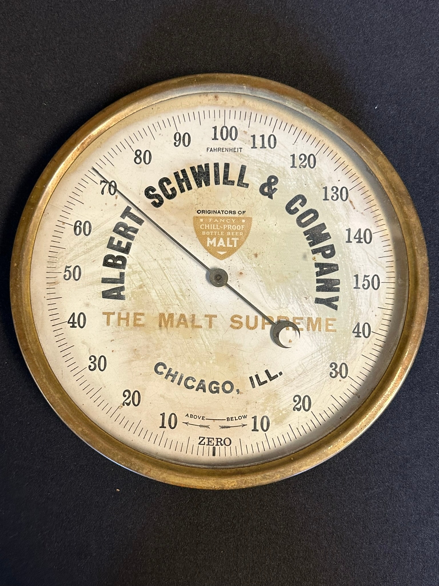 Albert Schwill & Co The Malt Supreme 9" Round Brass Thermometer Advertising Sign (1 of 5)