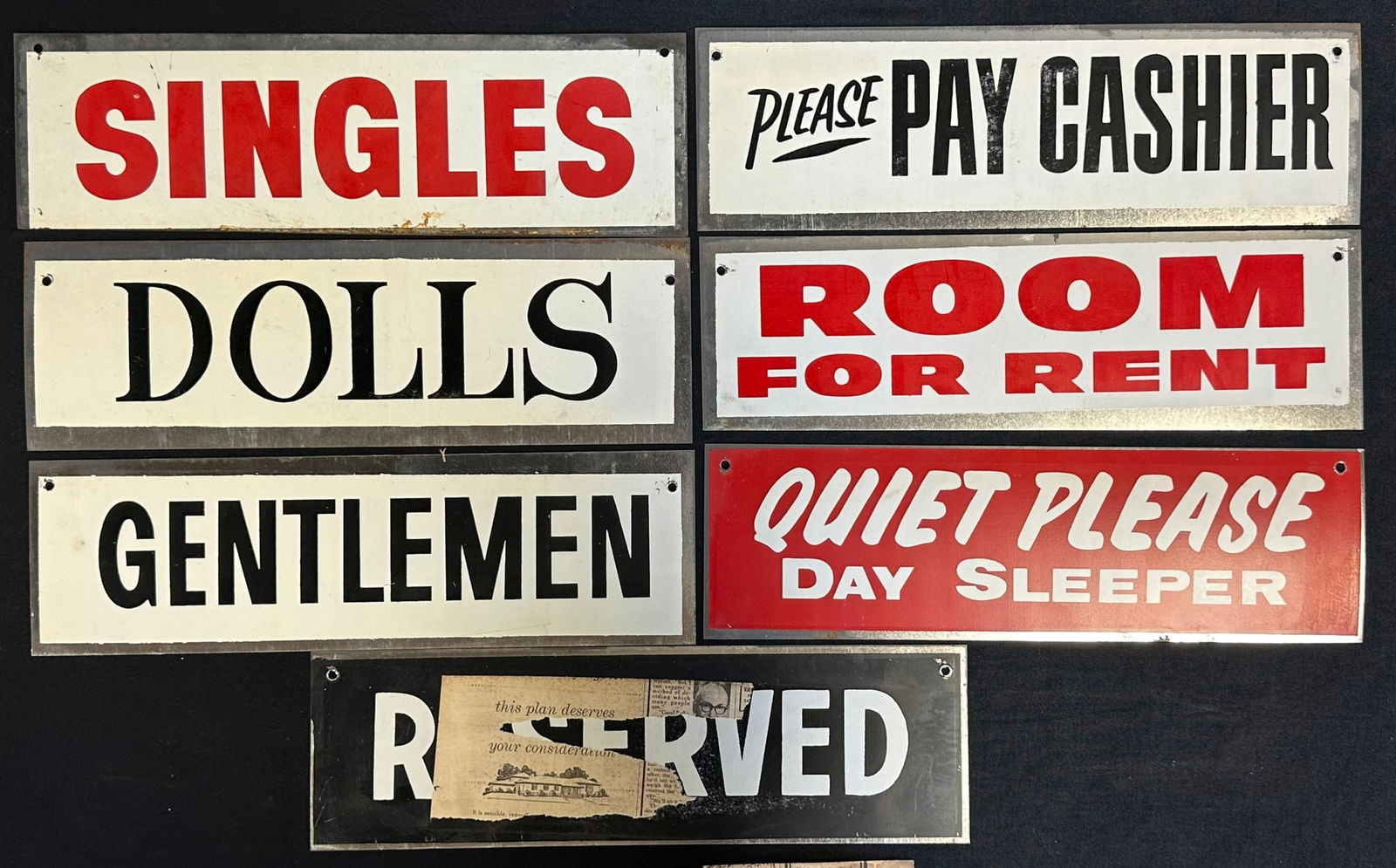 Lot of 7 NOS 1960s Novelty Tin Advertising Signs: Gentleman, Please Pay Cashier, Room For Rent, Etc (1 of 6)