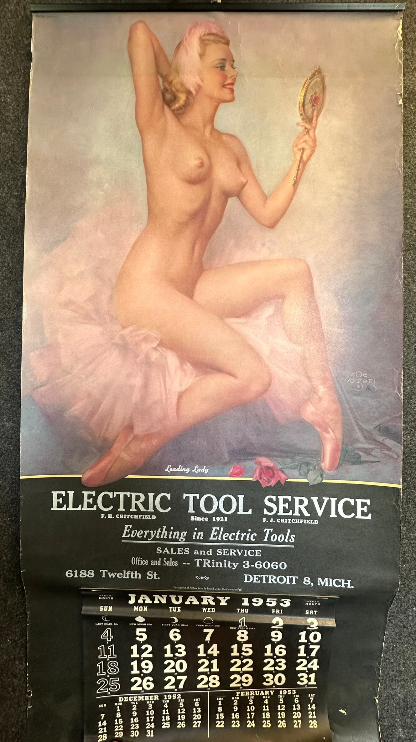 Electric Tool Service 1953 Detroit Calendar Leading Leady Zoe Mozert Nude Ballarina: 33" x 16" - all original and excellent condition