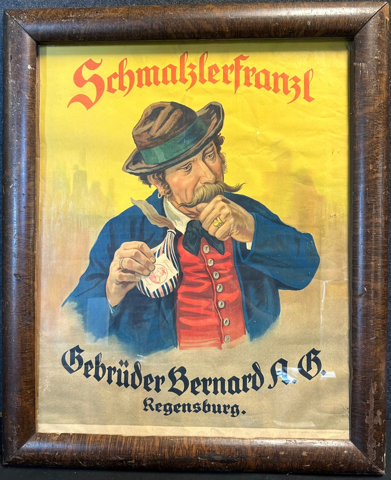 Schmalzlerfranzl Gebruder Bernard A.G. Regensburg German Tobacco Sign w/ Original Frame: 29" x 36"