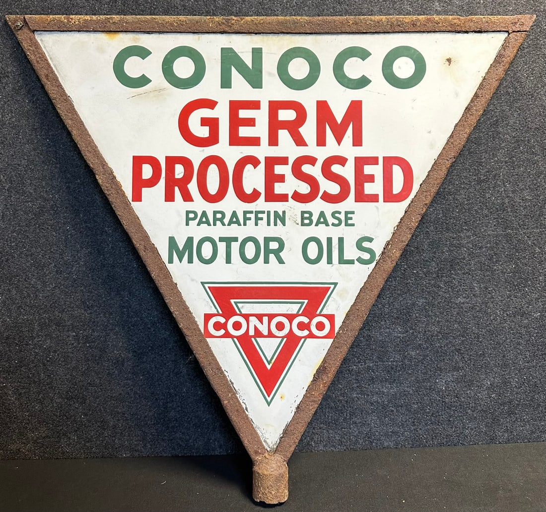 Conoco Germ Processed Double Sided Porcelain 1920s Curbside Advertising Sign w/ Original Ring (1 of 9)