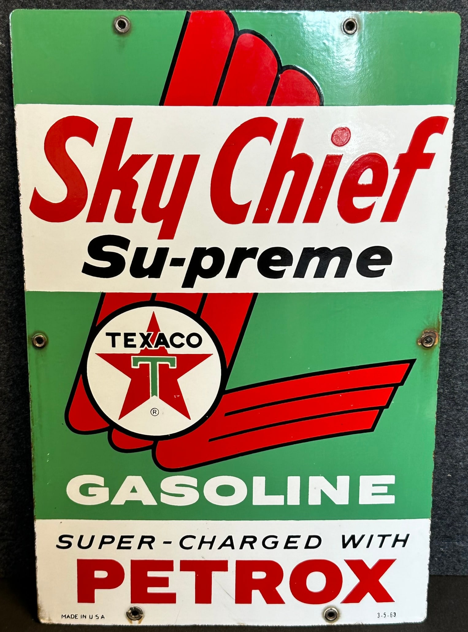 Skychief Su-Preme Gasoline Super Charged w/ Petrox Gas Pump Porcelain Sign (1 of 6)