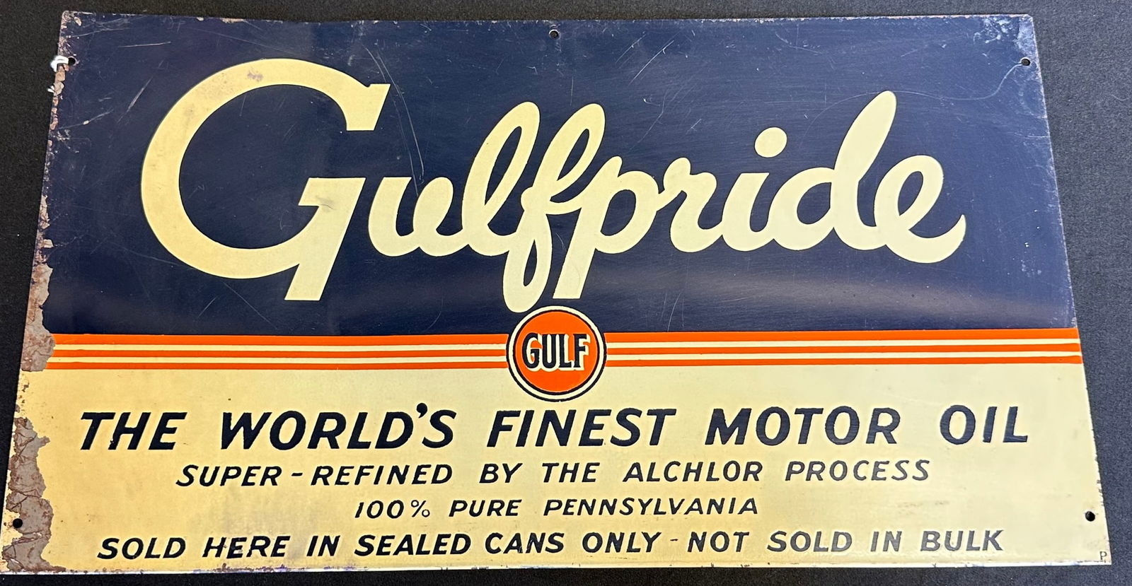 Gulfpride World's Finest Motor Oil Original 1940s Racker Topper Single Sided Painted Metal Sign (1 of 8)