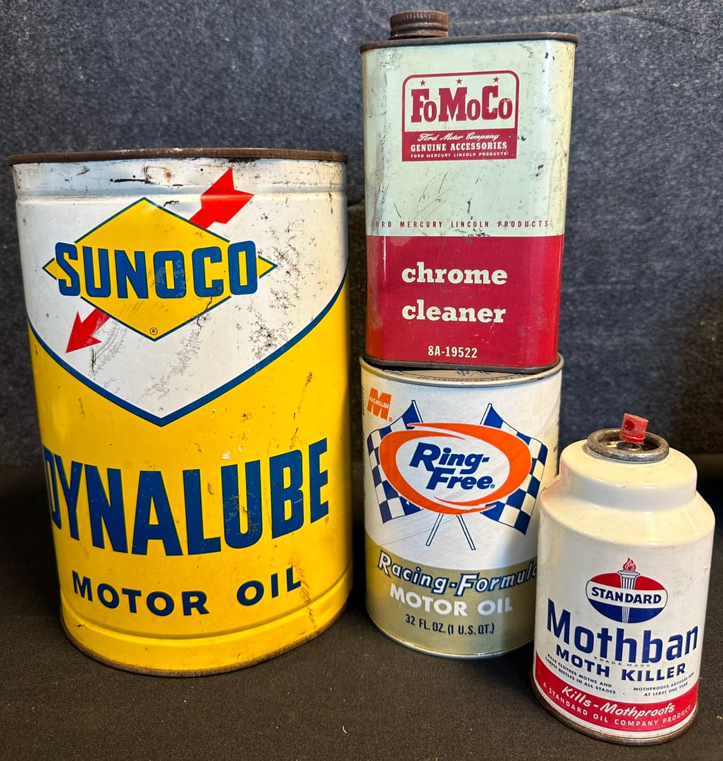 Lot 4 Vintage Oil Cans. Sunoco 5 Quart Dynalube, Fomoco Chrome Cleaner, Ring Free Full Quart, (1 of 6)