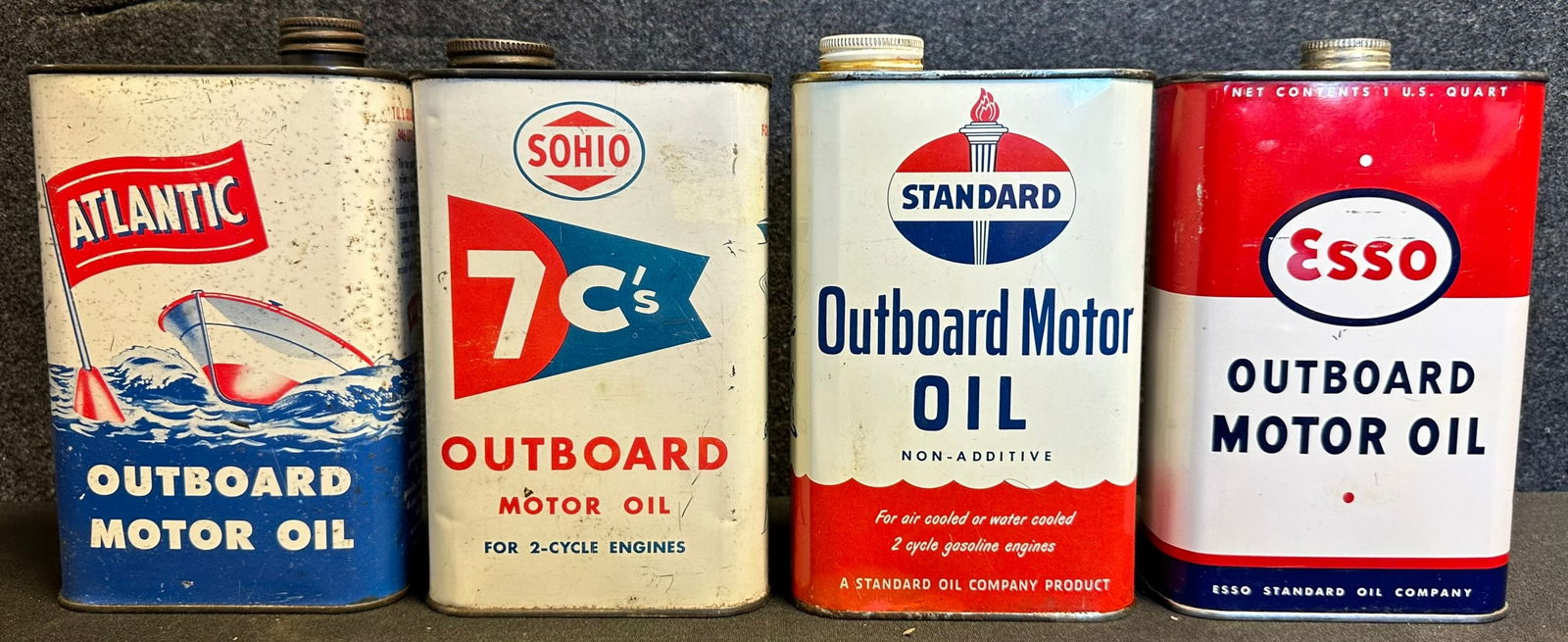 Lot 4 Outboard 1 Quart Motor Oil Cans: Esso, Atlantic, Sohio 7c's & Standard Oil (1 of 7)