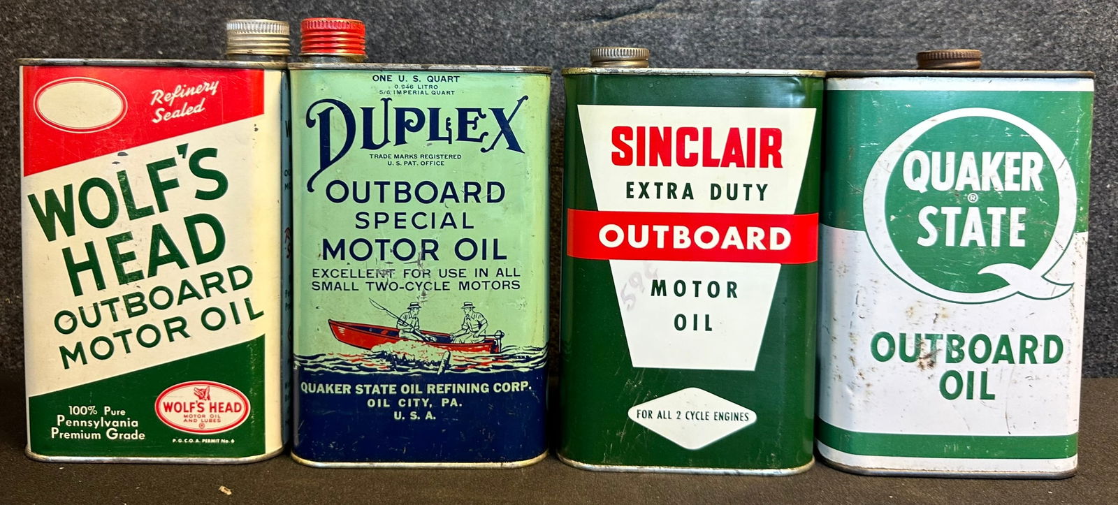 Wolf's Head, Duplex, Sinclair & Quaker State Lot 4 Outboard Quart Motor Oil Cans (1 of 6)