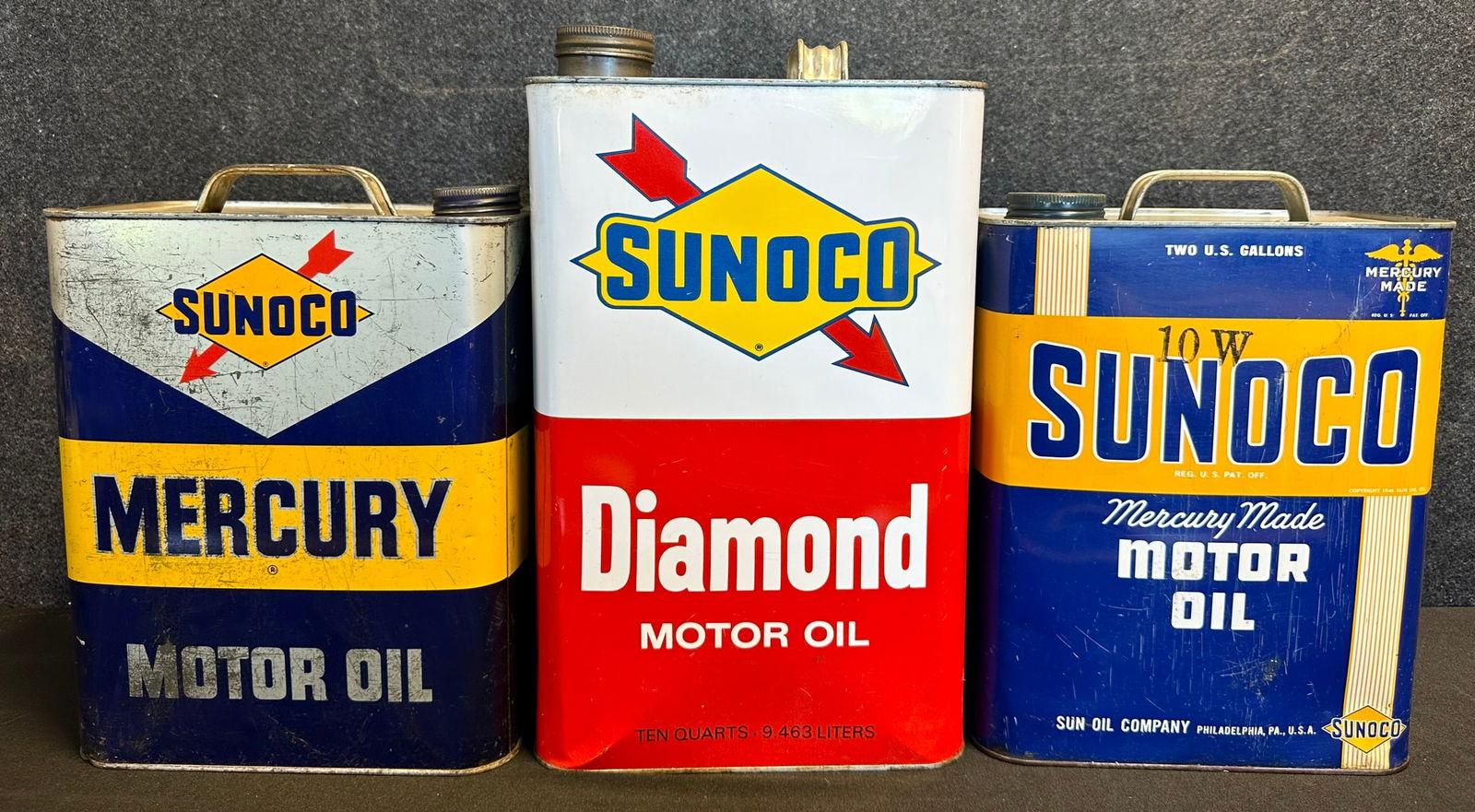 Lot 3 Sunoco 2 Gallon Motor Oil Cans: Mercury Made, Diamond & Mercury (1 of 5)