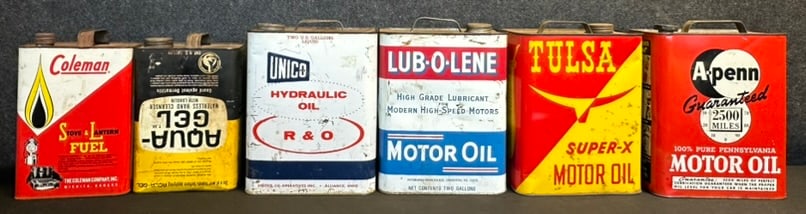 Lot 6 Motor Oil Cans: 4 2 Gallons Unico, Lub-O-Lene, Tulsa & APENN (1 of 7)