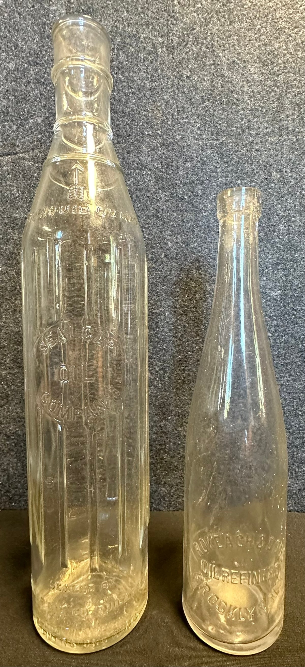 Pair Glass Oil Bottles Ca. 1920s: Sealcap Oil Co & I Rokeach & Sons Brooklyn New York: 10.5" Roke & 14.5" Sealcap