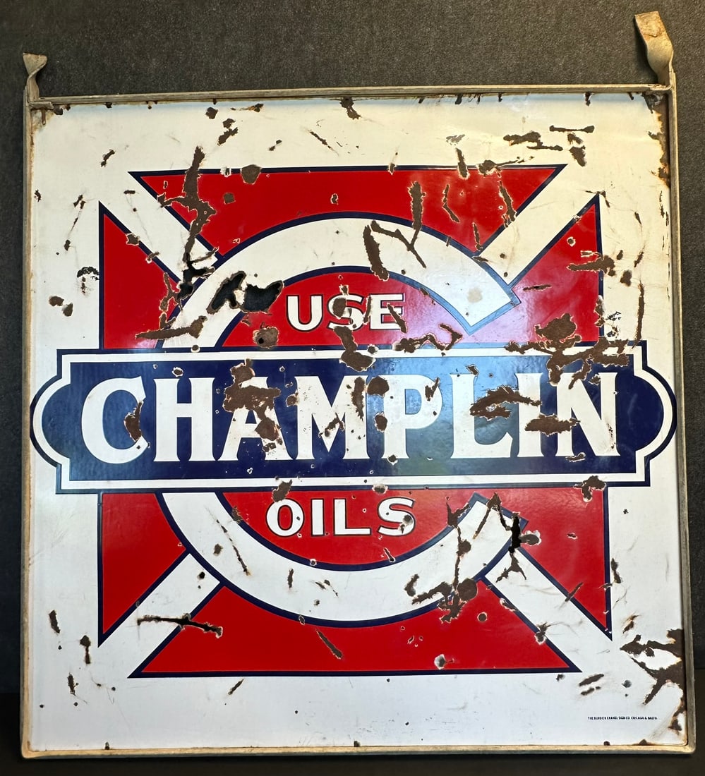Champlin Oils Double Sided Porcelain Advertising Sign w/ Original Hanging Bracket (1 of 13)