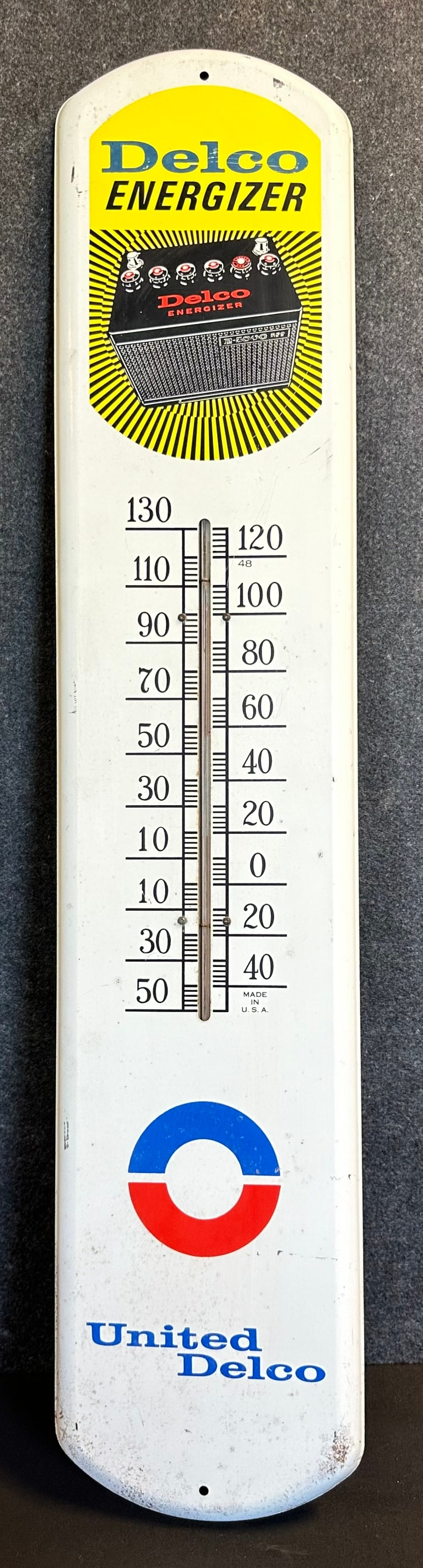 Delco Energizer Original 1960s United Delco Advertising Thermometer Sign (1 of 7)