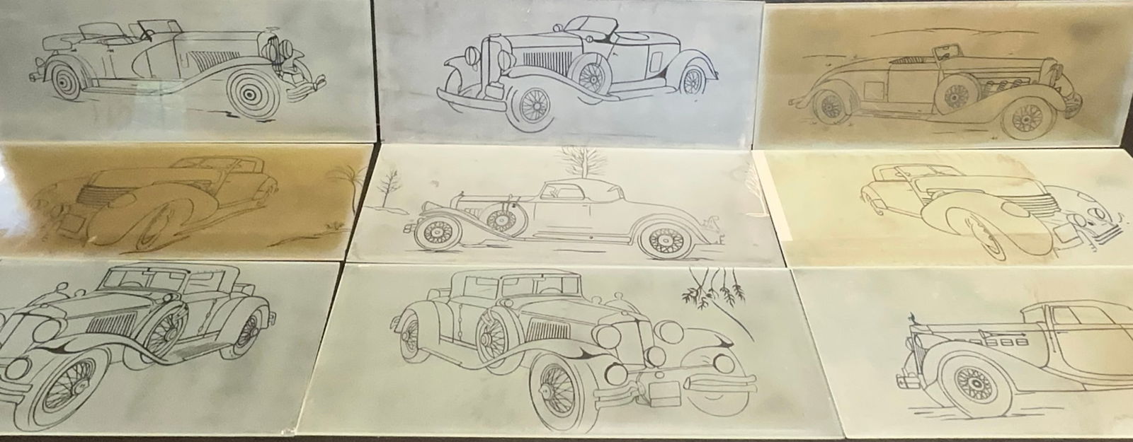 Lot 10 Late 1920s Early 1930s Etched Glass Automotive Panels: Cord, Duesenberg, Pierce, Packard, (1 of 14)