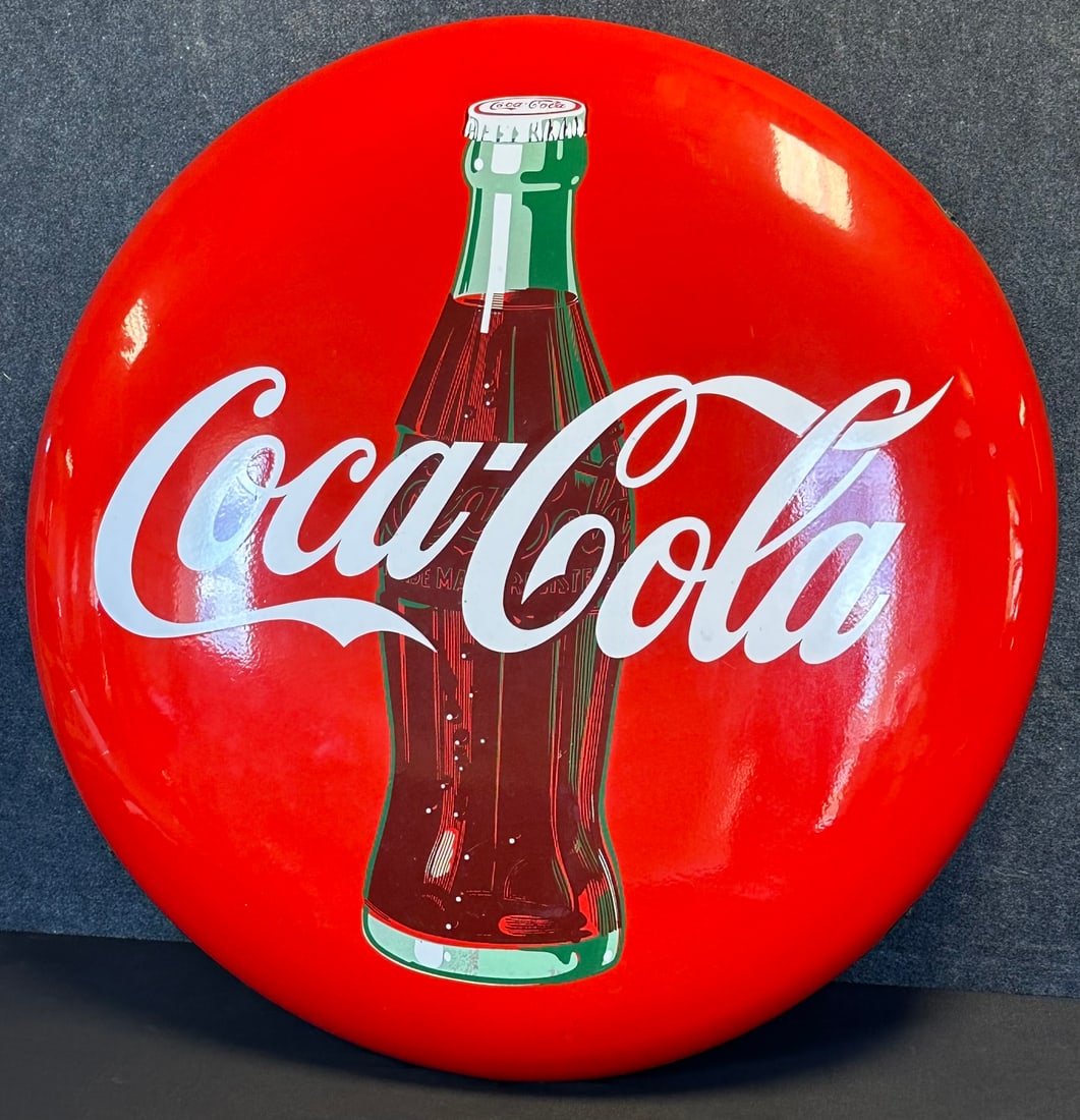 Near Mint 3' Coca Cola 1950s Porcelain Button w/ Bottle & Original Bracket Hardware (1 of 10)