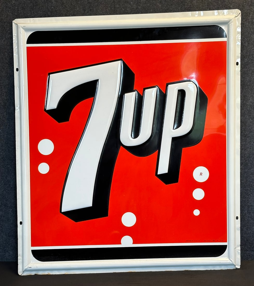 1963 Dated 7up 3' Tall Embossed Near Mint Tin Metal Advertising Sign (1 of 12)