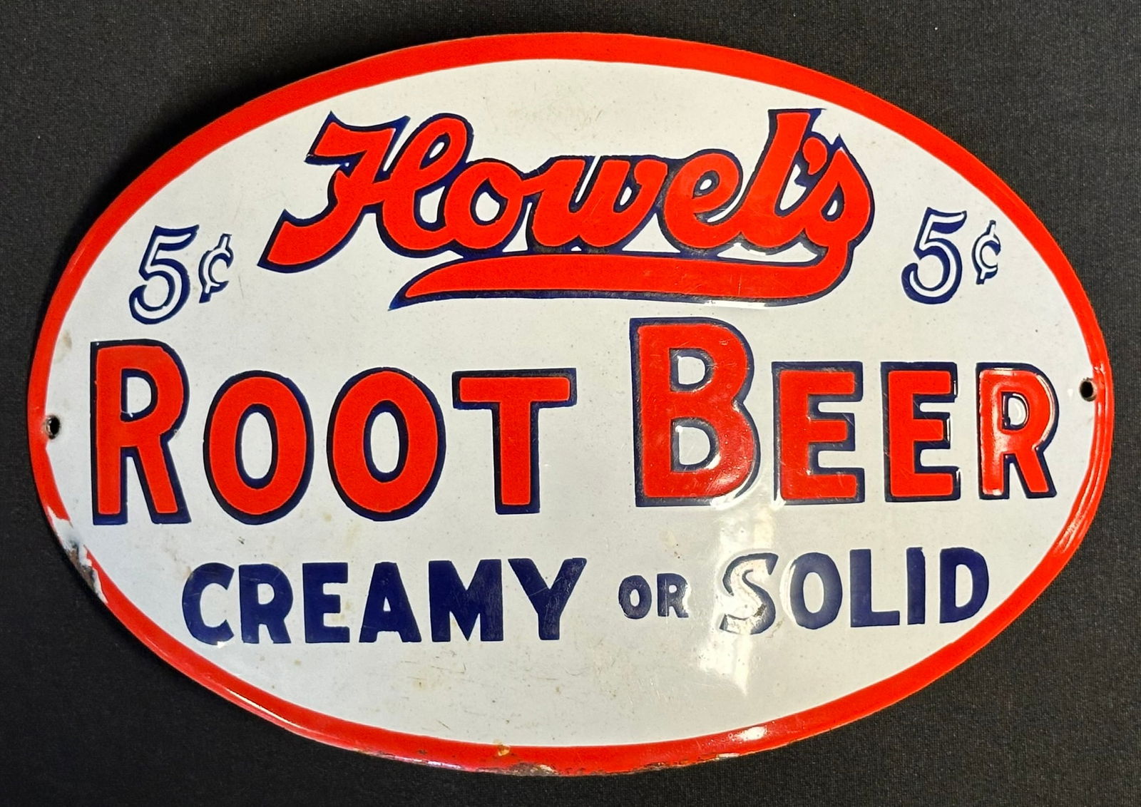 5 Cents Howel's Root Beer Creamy or Solid Single Sided Porcelain 1920s Barrel Advertising Sign (1 of 6)