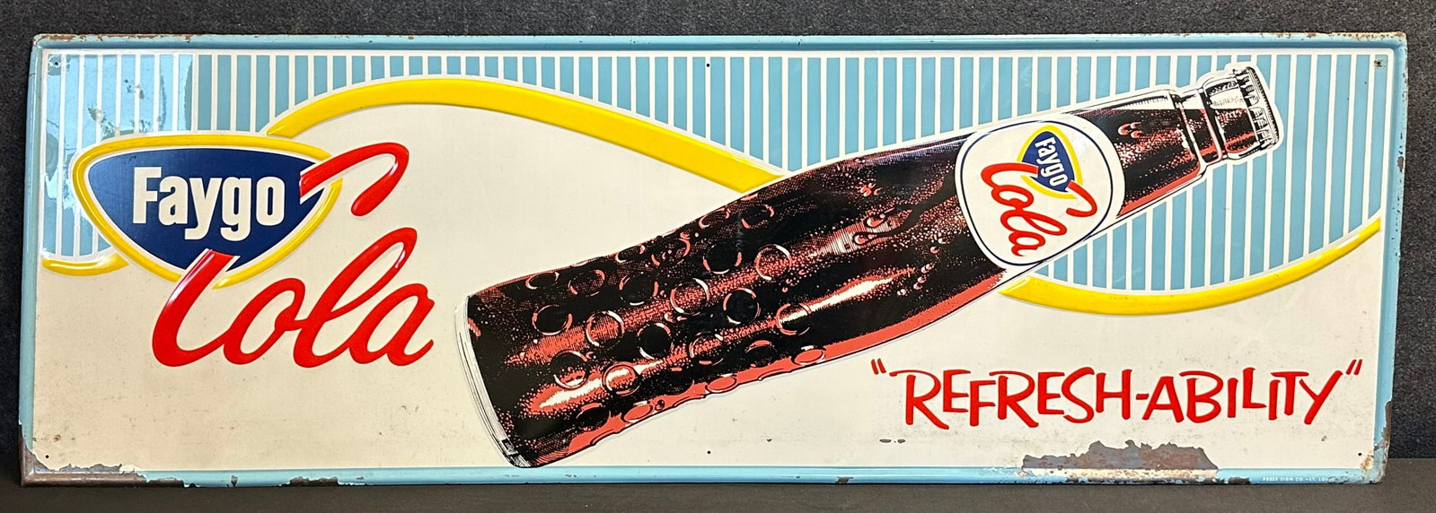 1950s Faygo Cola Refreshability Single Sided Embossed Self Framed Advertising Soda Pop Sign: 54" x 18" - light paint wear as shown