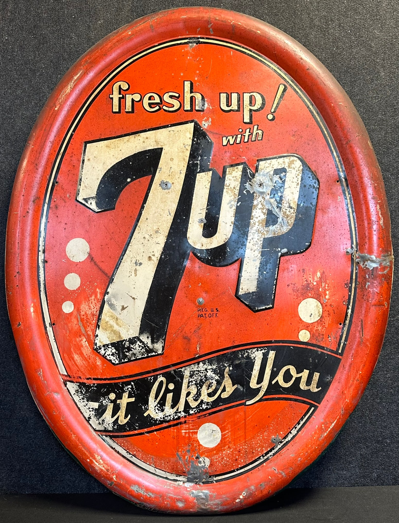 Fresh Up 7up It Likes You 1940s Self Framed 39" 1940s Painted Metal Advertising Soda Pop Sign (1 of 8)