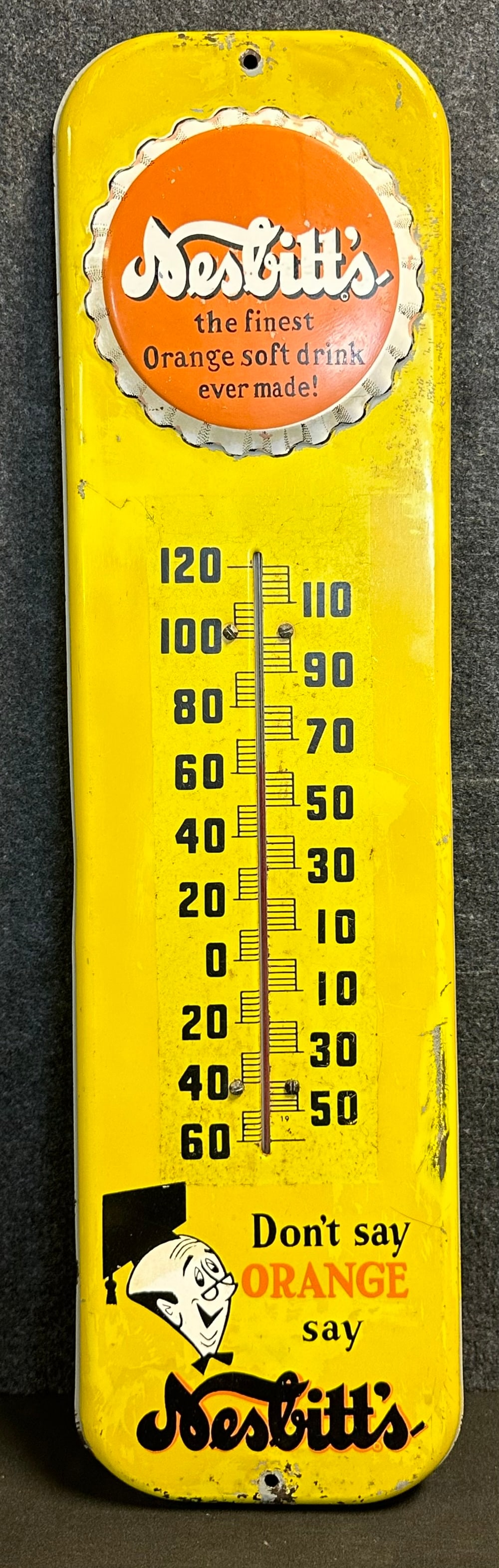 Nesbitts 1940s Painted Metal Embossed Advertising Soda Pop Thermometer Sign (1 of 6)